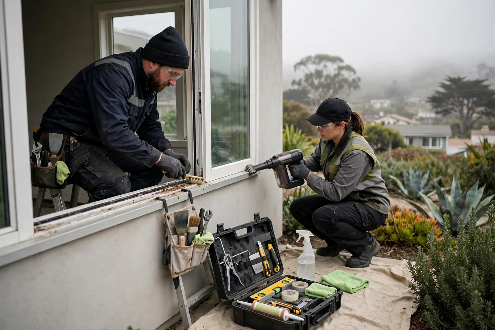 Estimator measuring an angled bay window opening while reviewing pricing notes with a homeowner