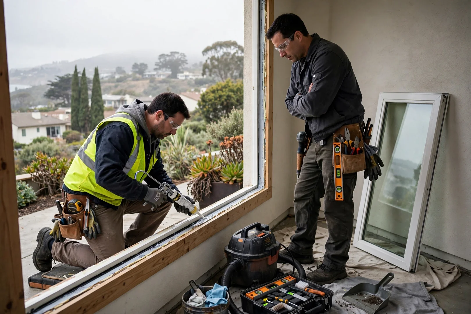 Installer measuring a curved bay window opening on a South San Francisco home