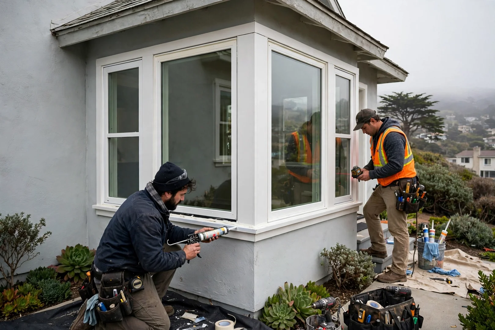 New angled bay window installed on a South San Francisco home with fresh trim wrap