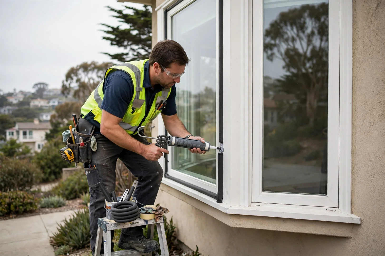 Technician sealing bay window mull joints with backer rod and exterior grade sealant