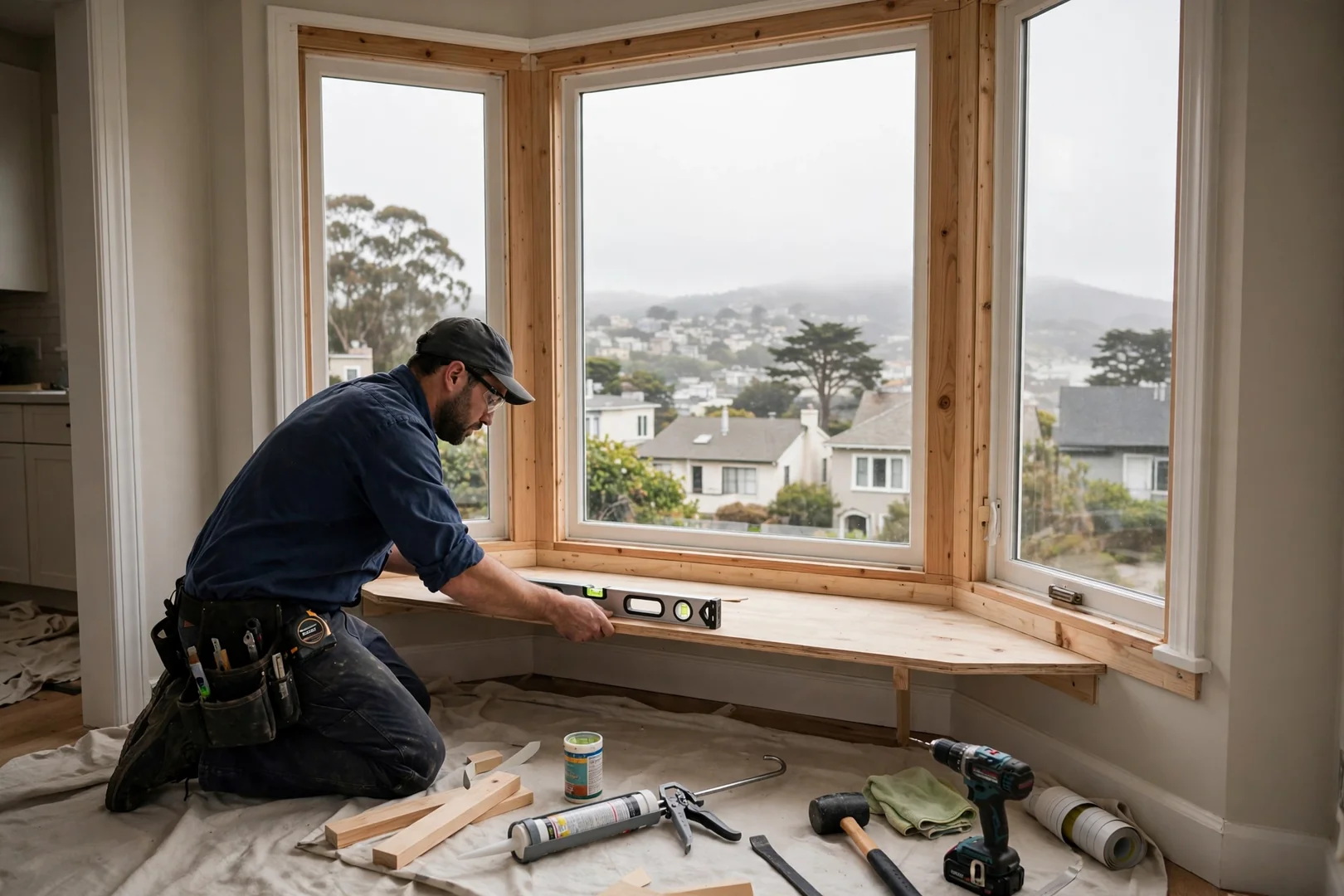Interior view of replacement bay window seat board and matching casing detail