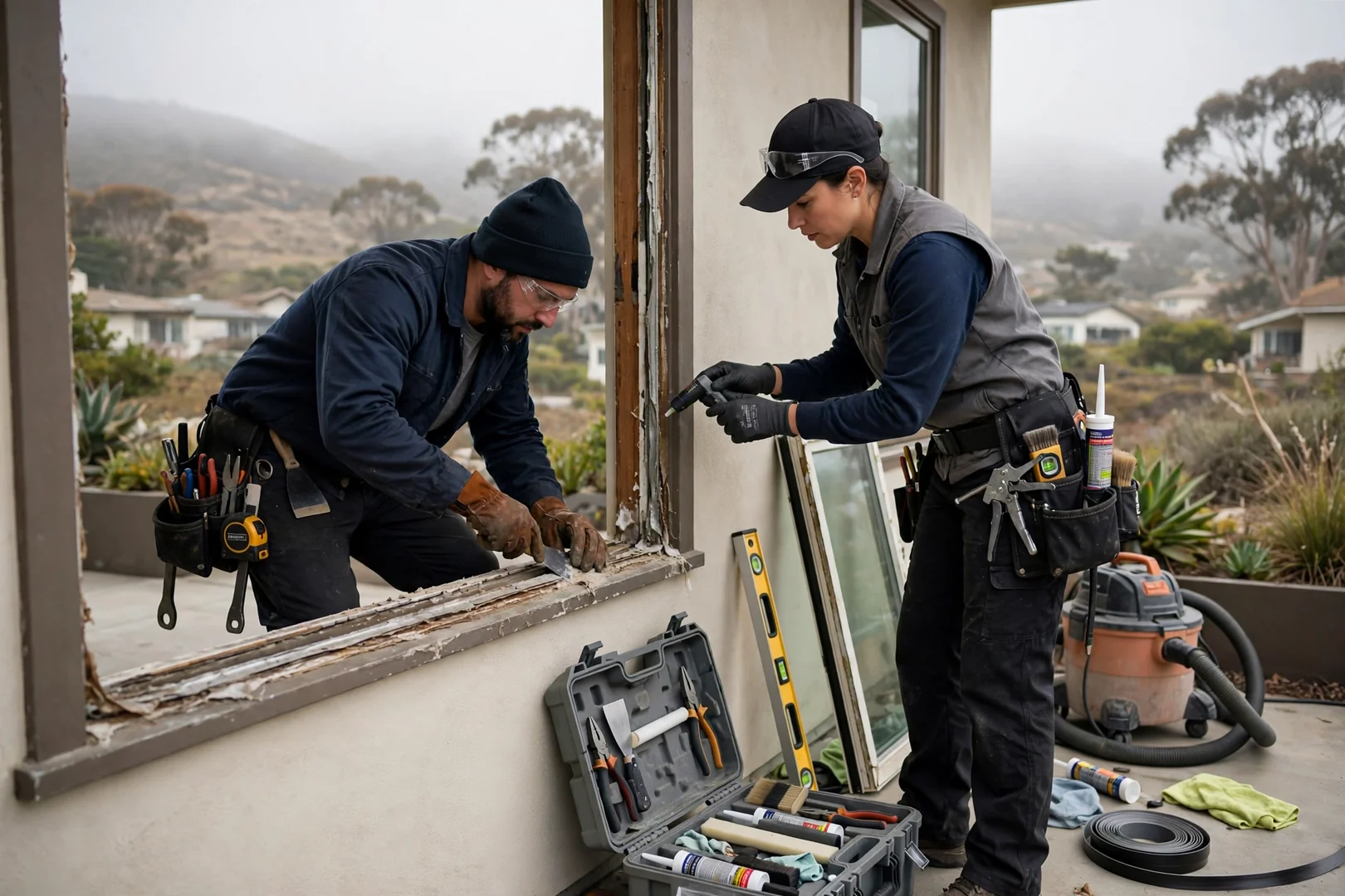 Installer measuring a curved bow window opening while preparing a replacement estimate