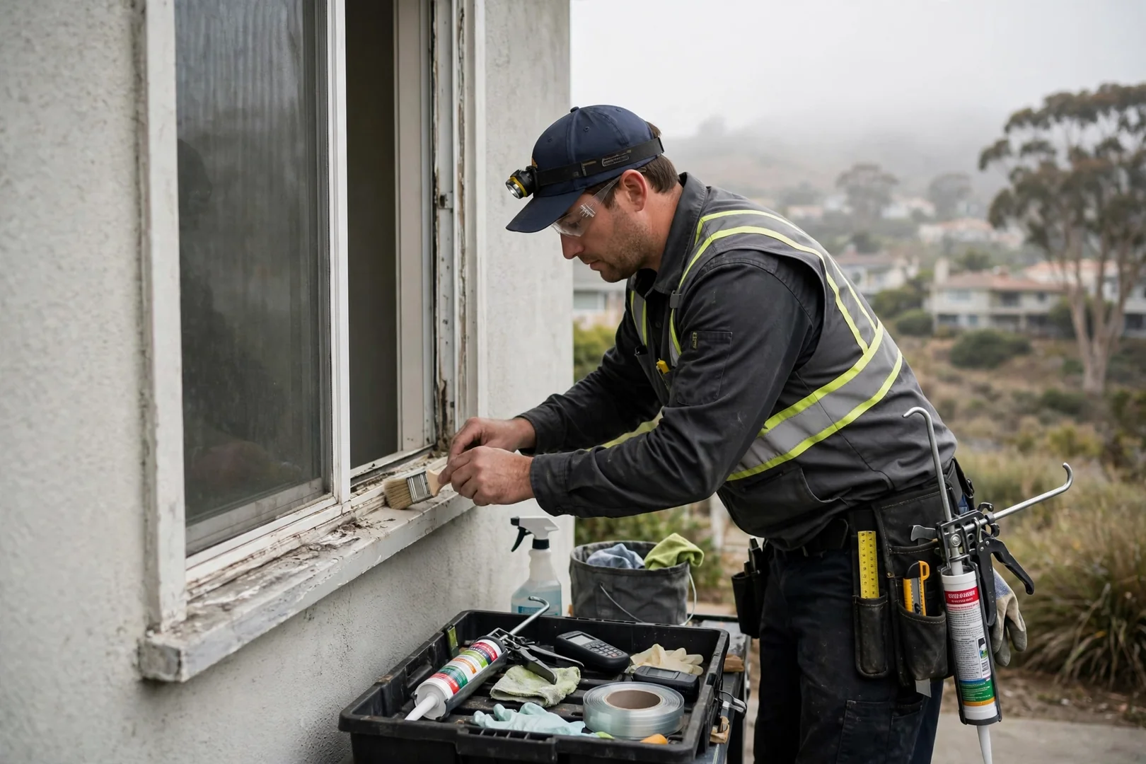 Technician sealing bow window joints during a scheduled installation visit