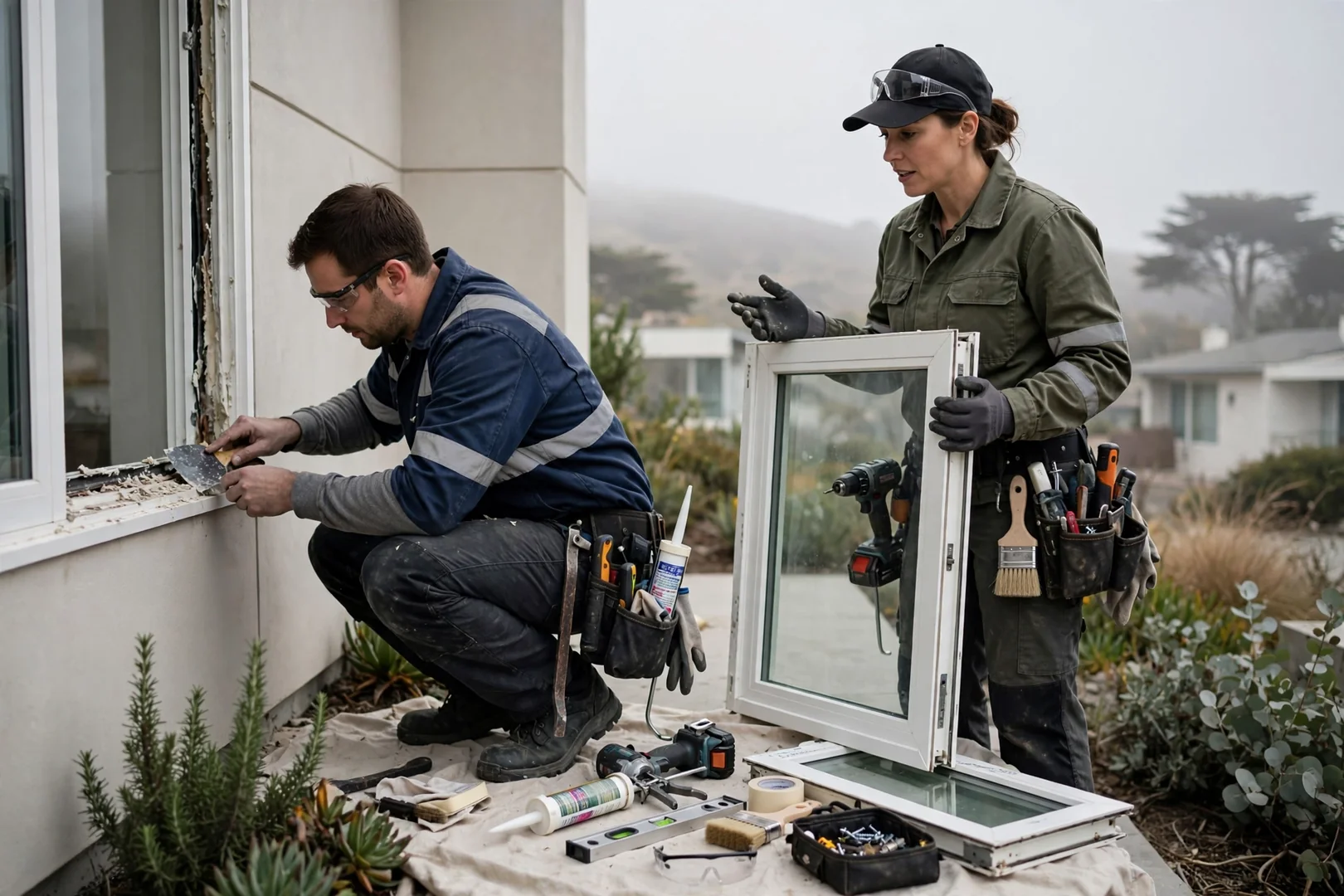 Installer measuring a bow window frame opening before replacement
