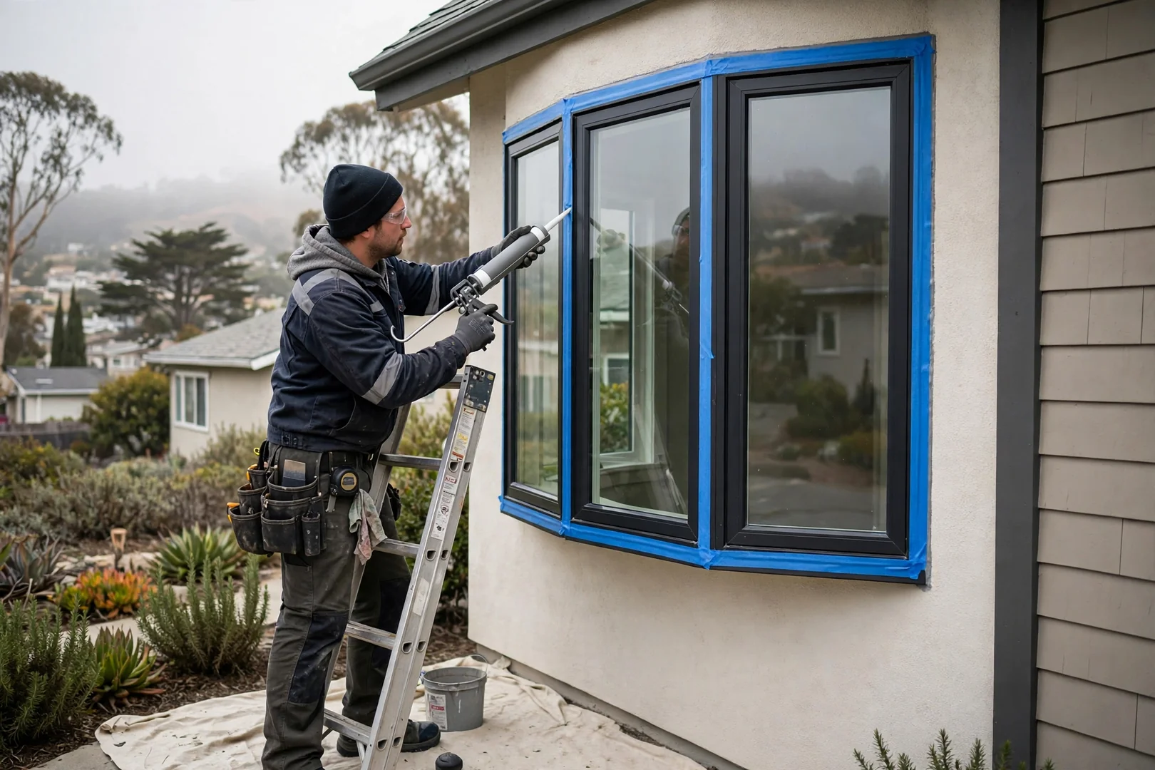 Technician sealing the exterior perimeter of a newly installed bow window projection