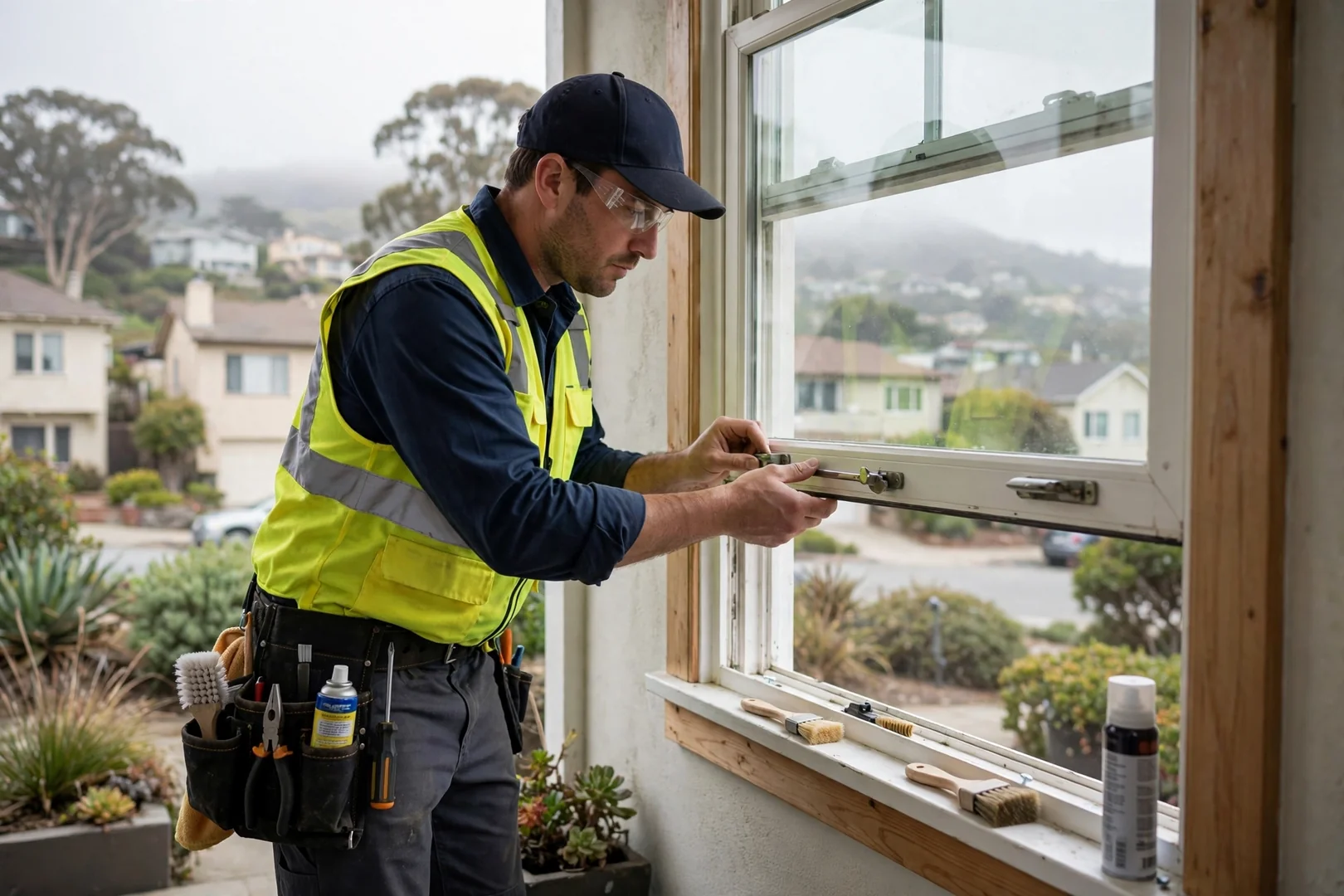 Installer checking sash operation and hardware during a follow-up maintenance inspection