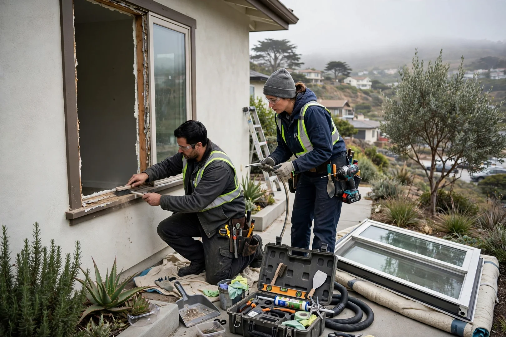 Estimator measuring a casement window opening while preparing a written replacement quote
