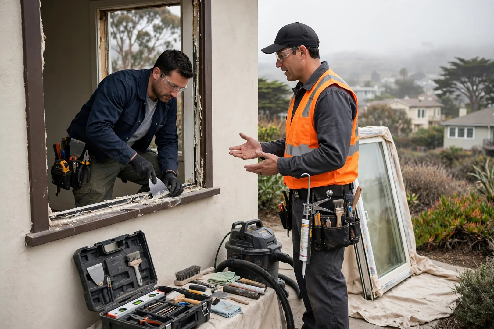 Installer adjusting a new casement window crank operator in a South San Francisco home