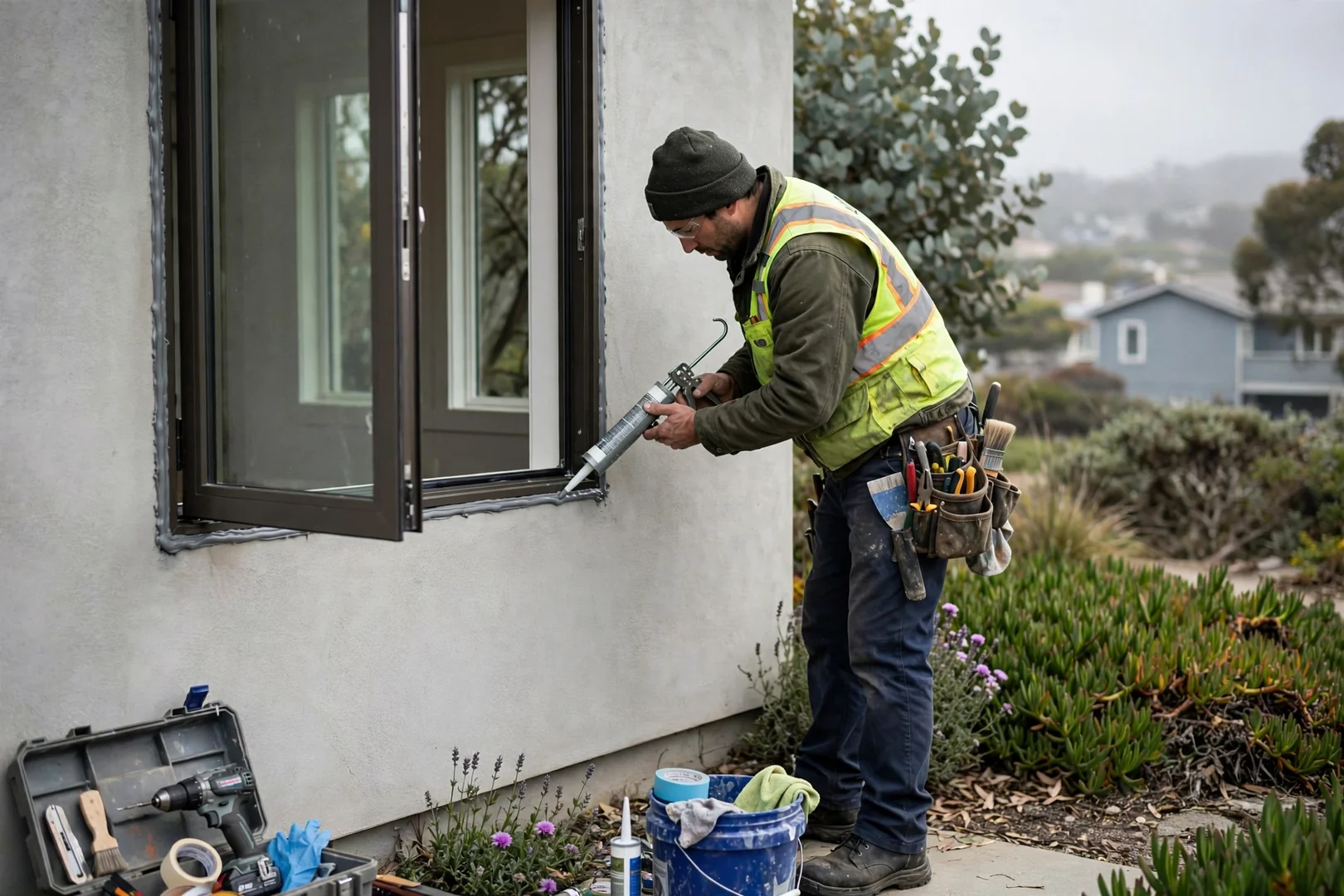 New casement window installed with sealed perimeter joint on a coastal home exterior