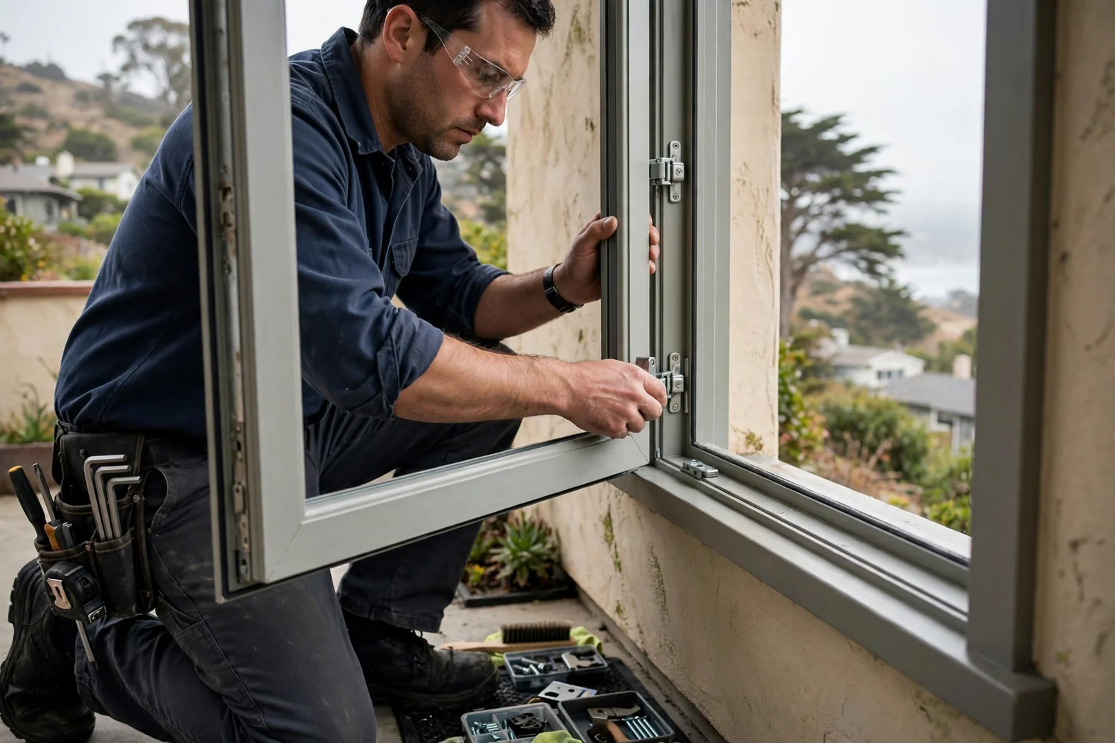 Technician testing multipoint lock engagement on a freshly replaced casement sash