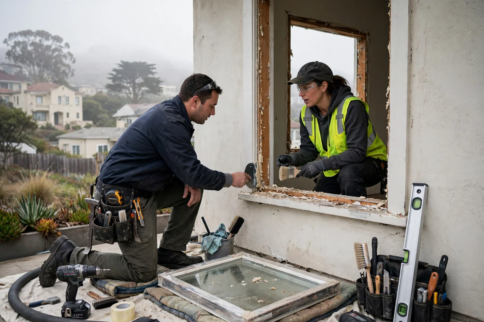 Estimator measuring a double hung window opening inside a South San Francisco home