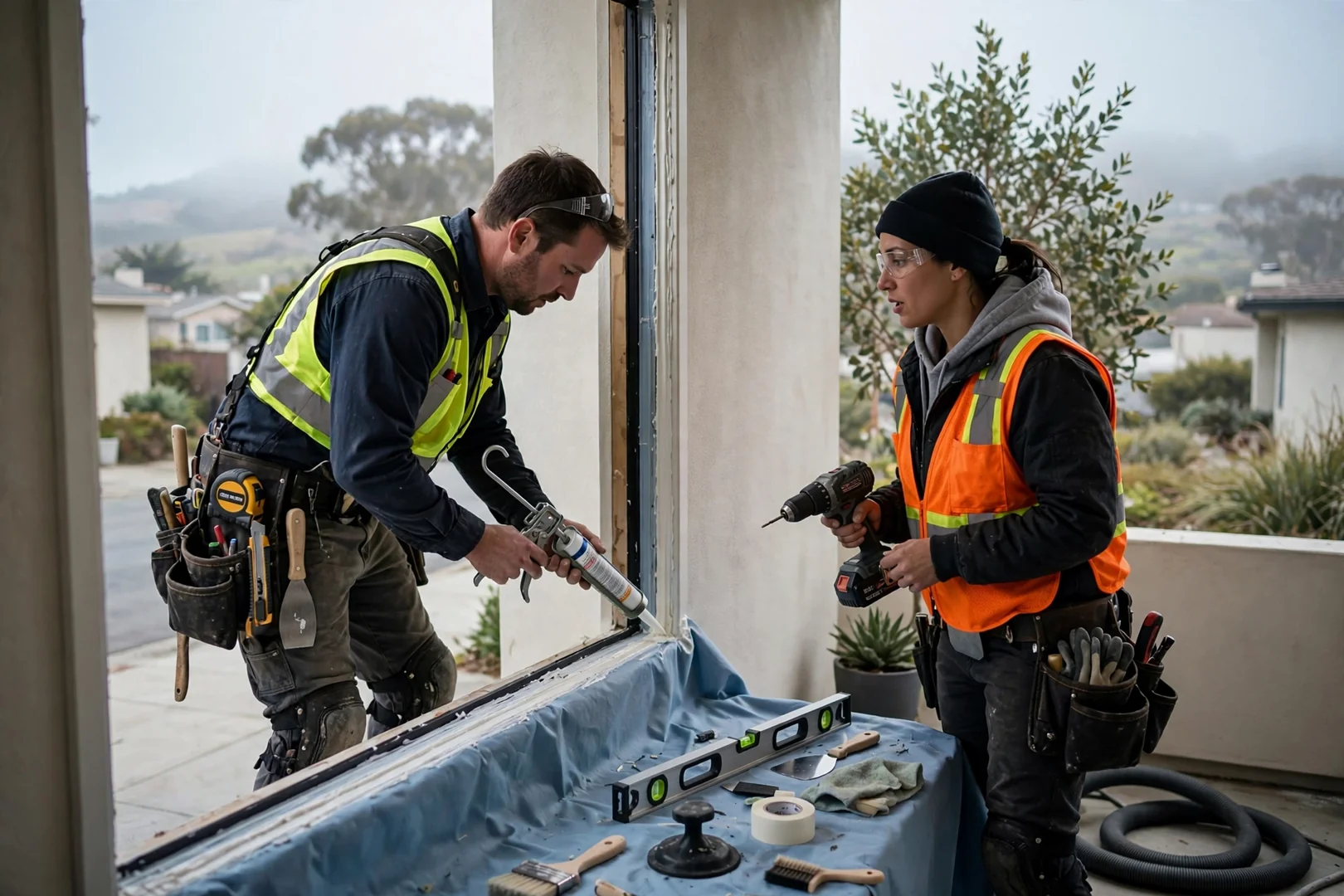 Installer measuring a double hung window opening at a South San Francisco home