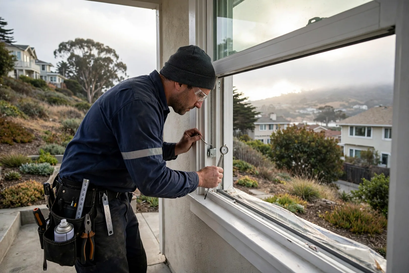 Technician checking balance tension on a newly installed double hung sash