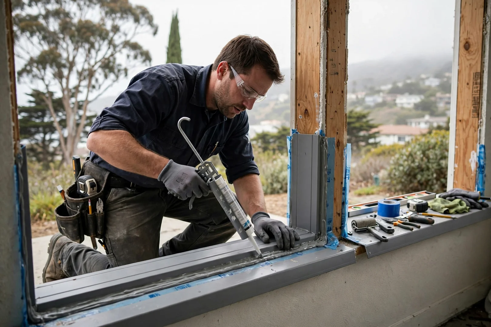 Sill pan flashing prepared for a full-frame double hung window installation