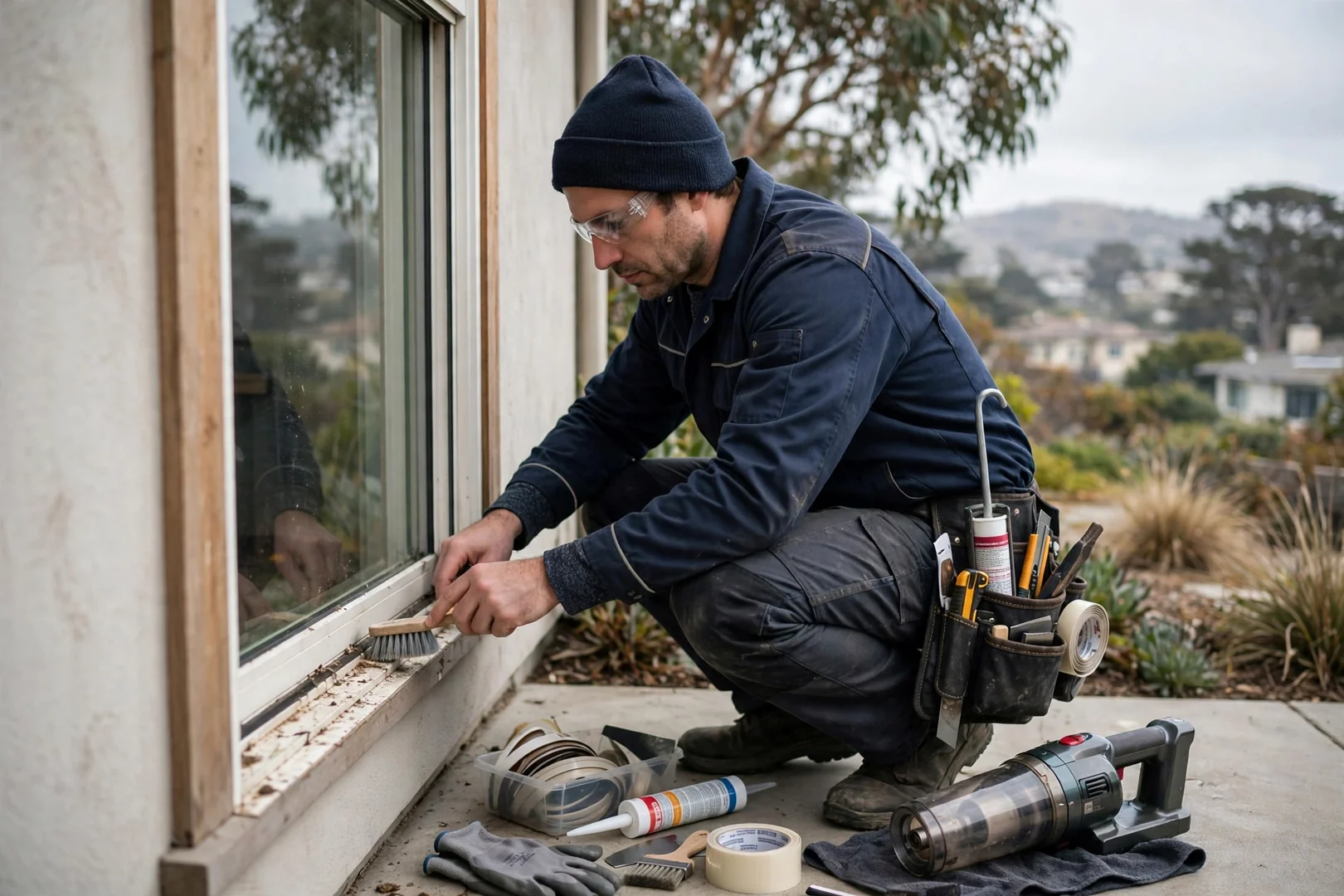 Technician reviewing written egress window estimate with a homeowner