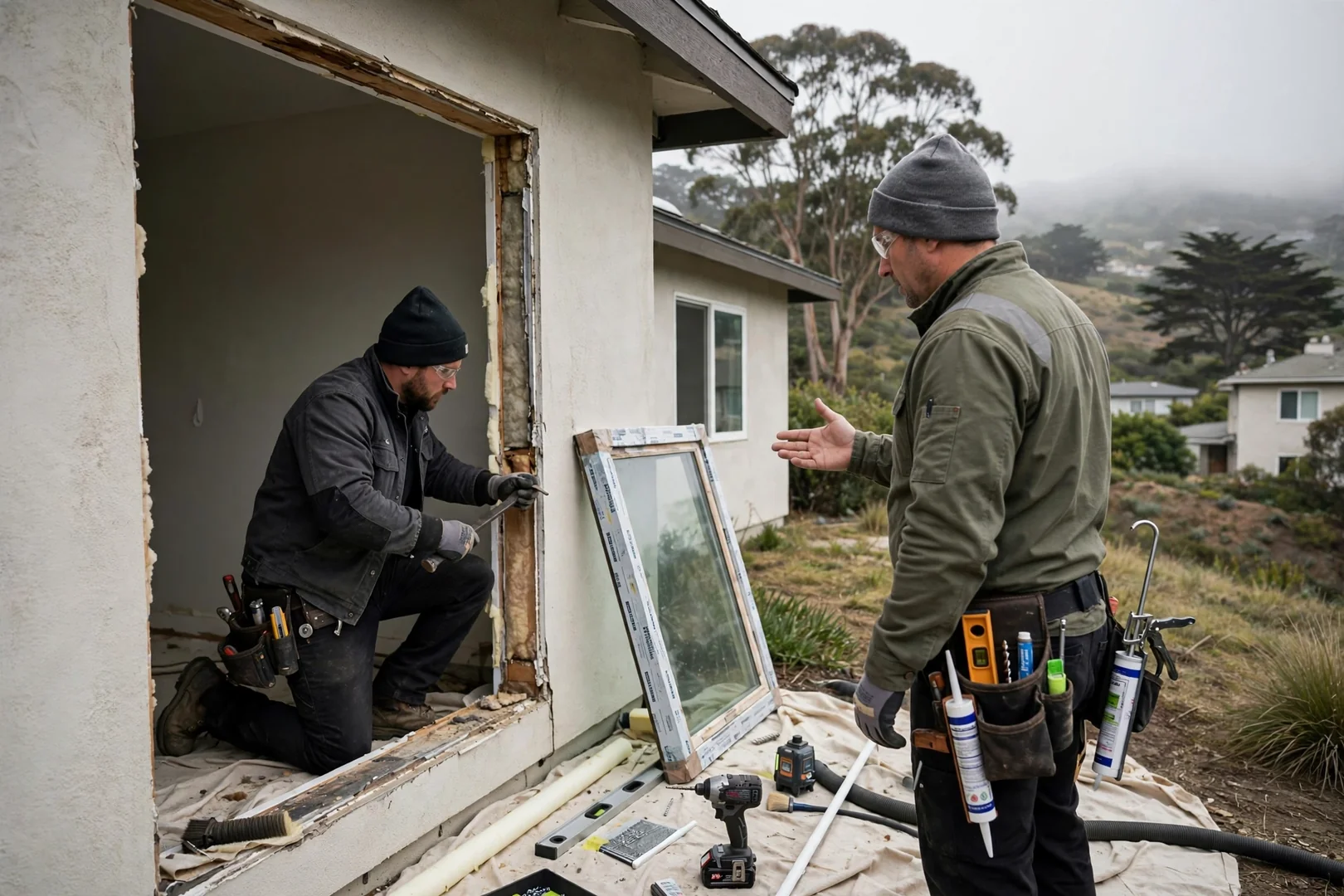 Installer measuring a basement egress window opening in a South San Francisco home