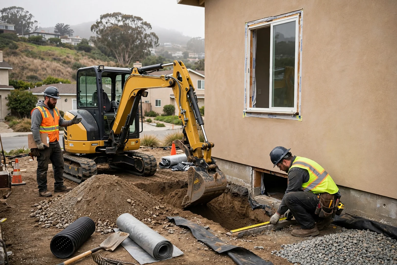 Compact excavator preparing a window well area beside a South San Francisco home foundation
