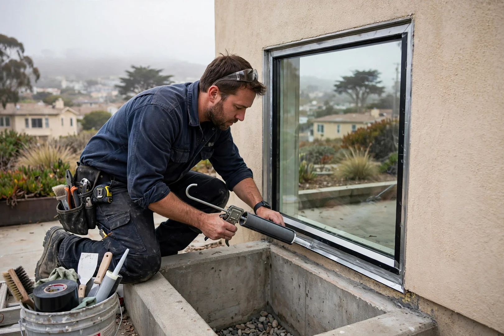 Technician applying flashing and sealant around a newly set egress window frame