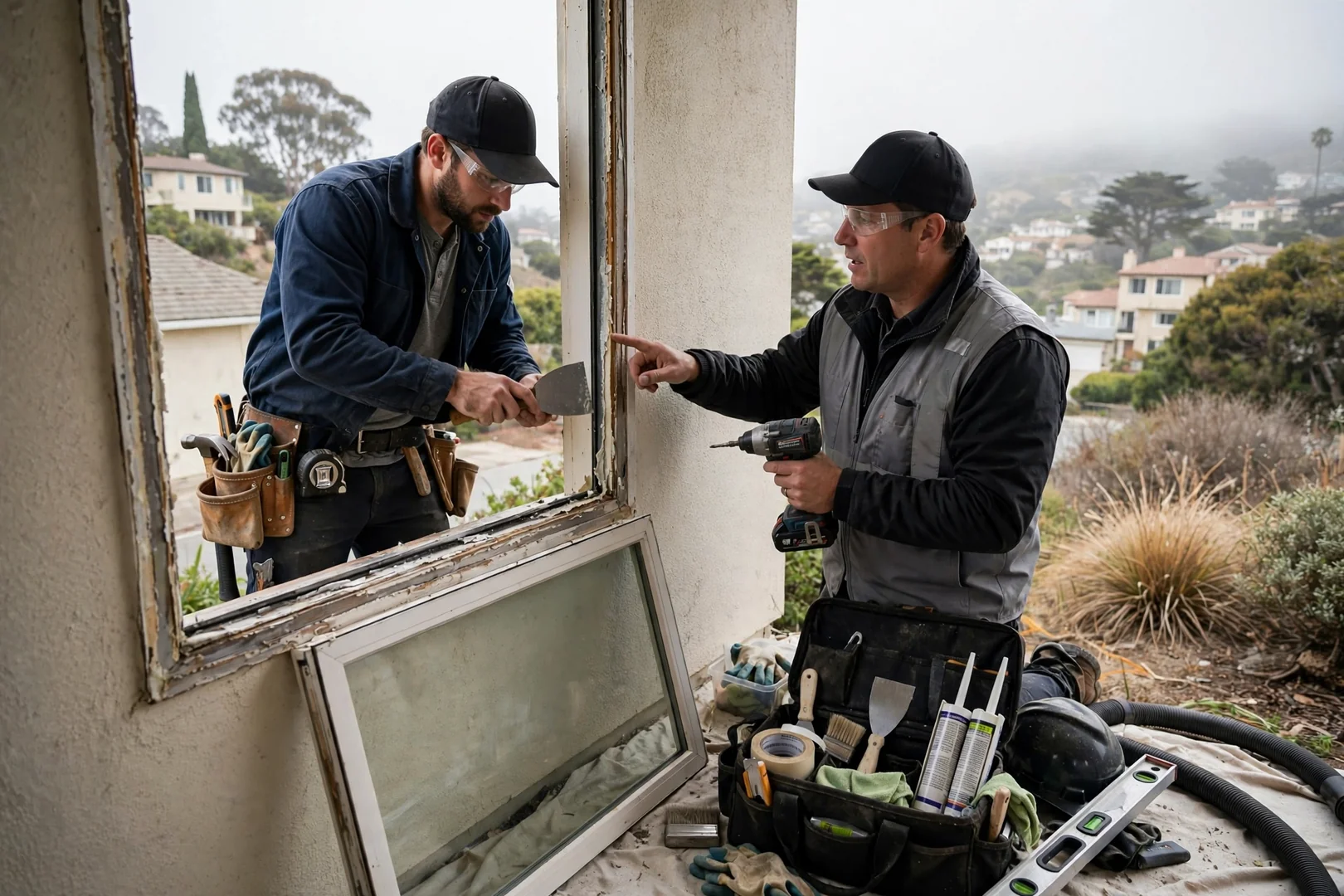 Installer setting a double-pane energy efficient window in a South San Francisco home