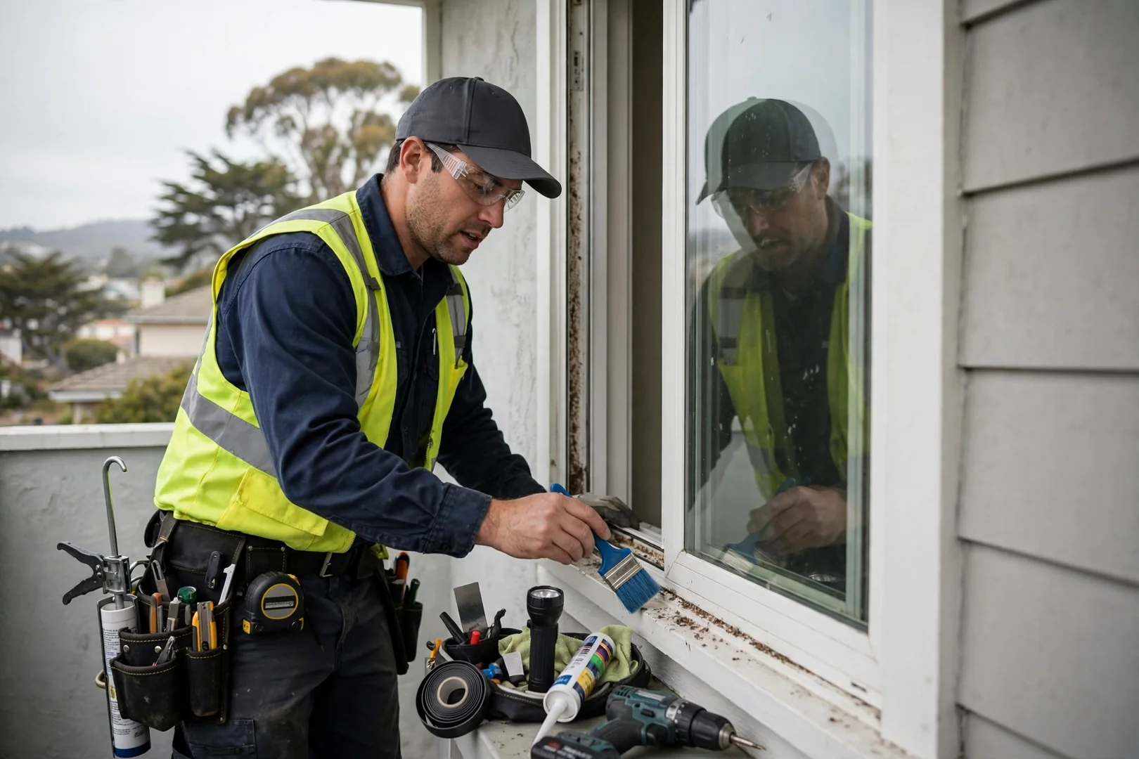 Technician measuring a window opening for a written estimate