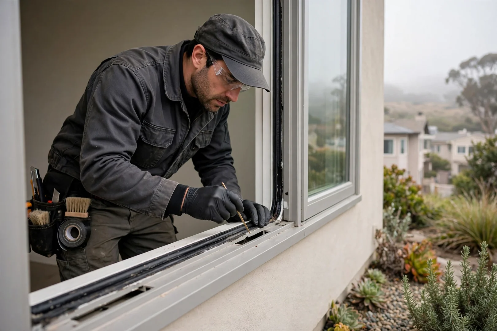 Technician checking weatherstripping and drainage weeps during a scheduled window inspection