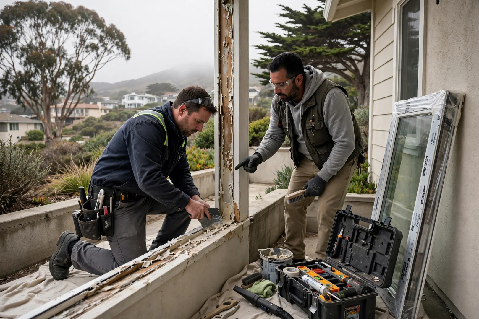 Installer measuring a large fixed picture window opening during a home cost assessment