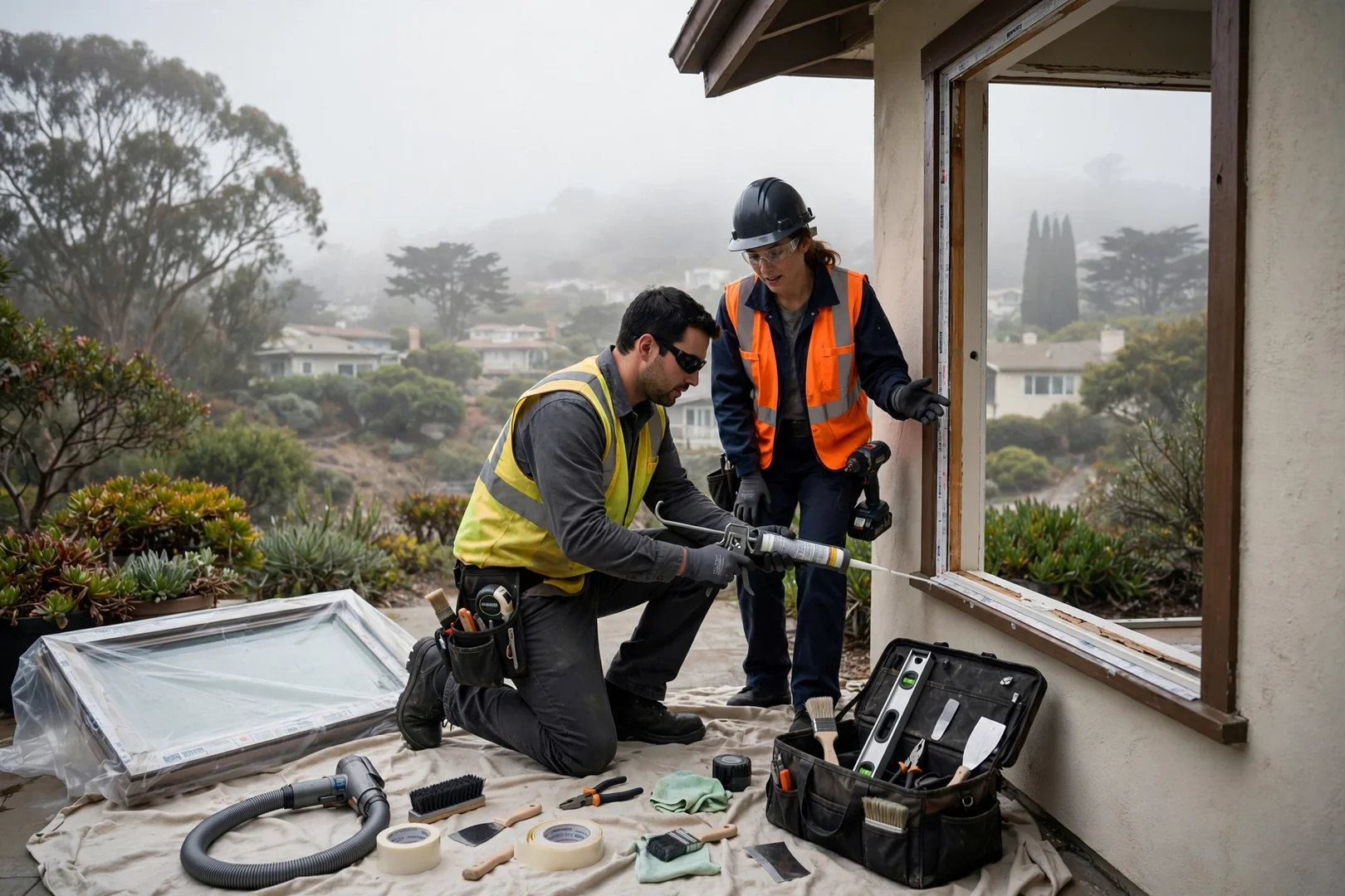 Installer measuring a large picture window frame in a South San Francisco living room