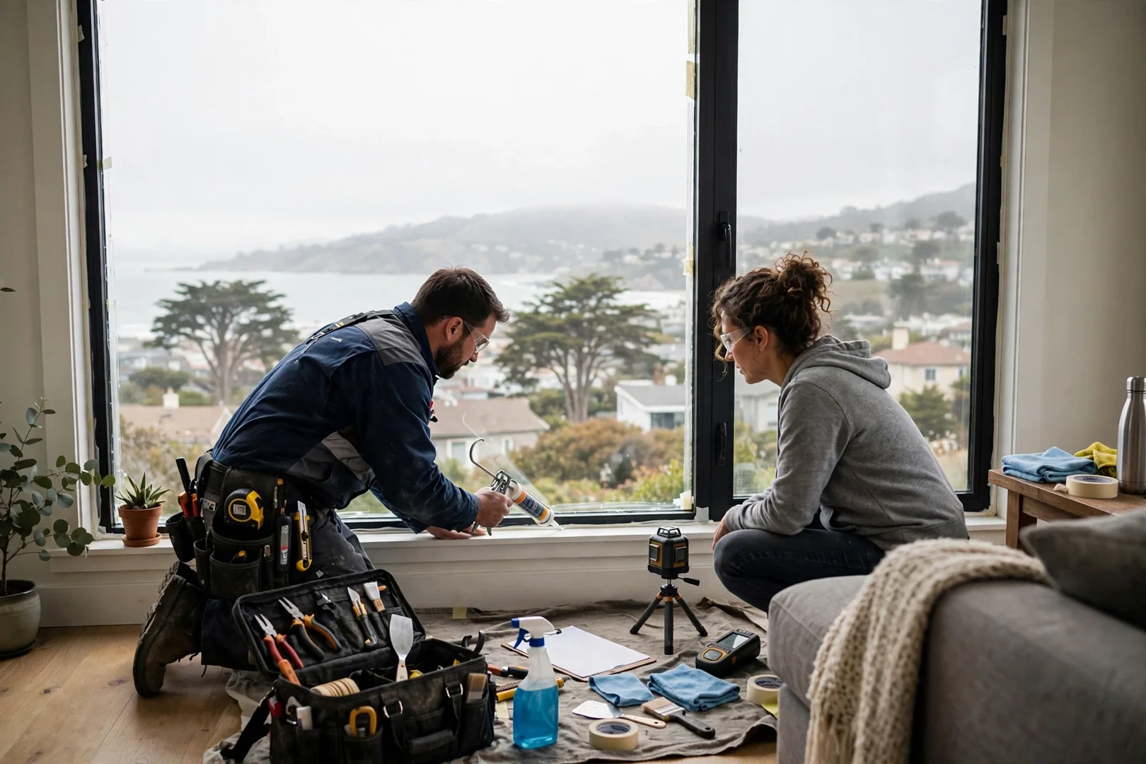 Large picture window installed in a South San Francisco living room with coastal daylight