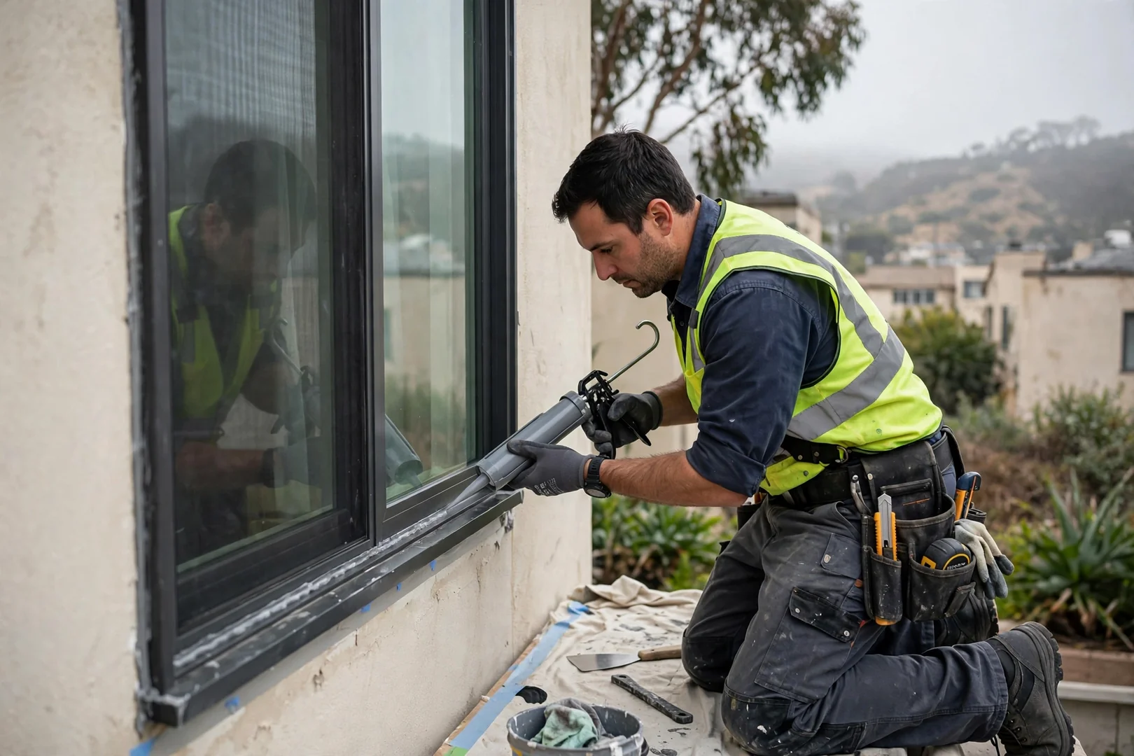 Technician applying perimeter sealant along a newly set fixed window frame
