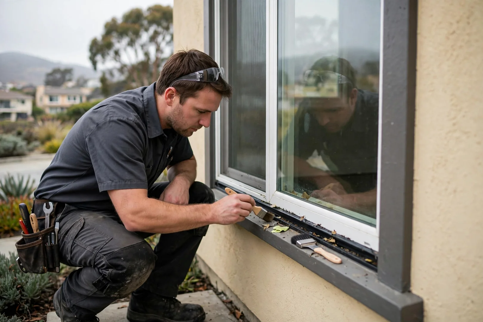 Inspection of glazing seals and weep channels during a seasonal maintenance visit