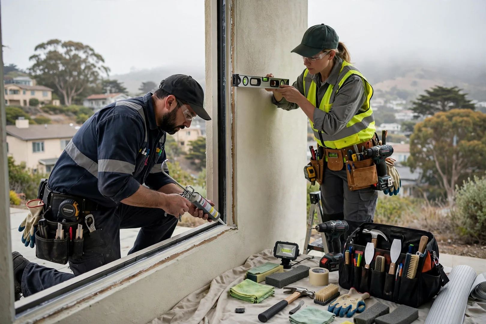 Estimator measuring a patio slider rough opening during a South San Francisco cost assessment