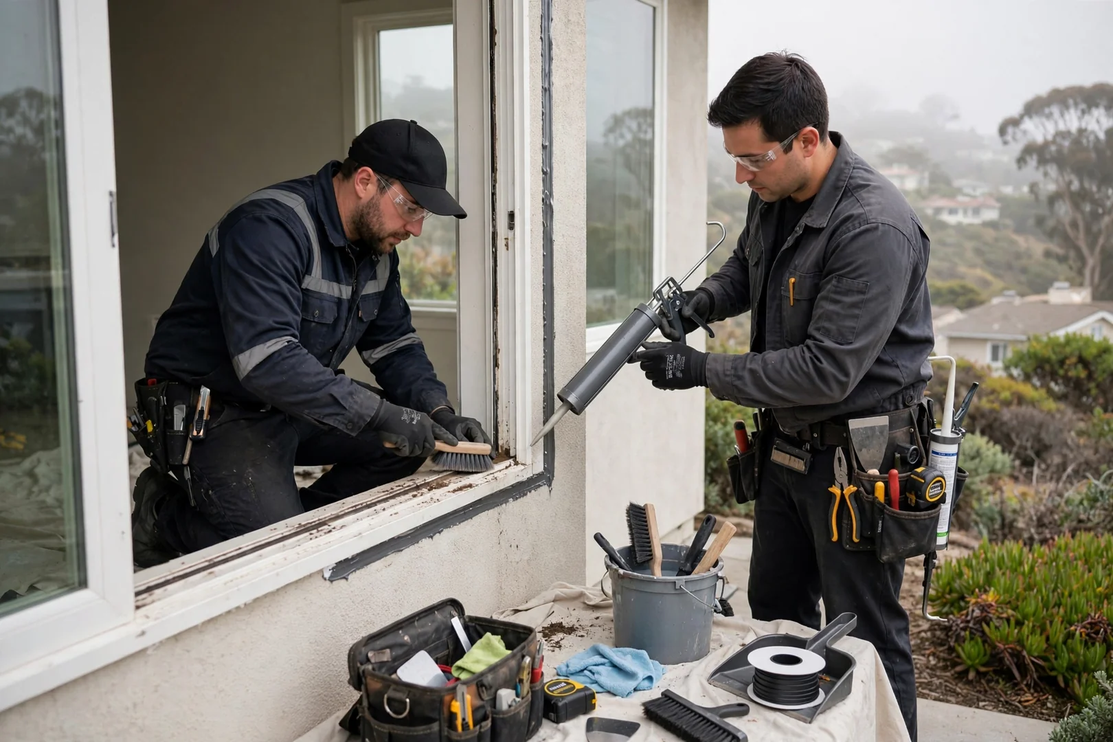 Technician adjusting roller hardware and testing smooth patio door operation