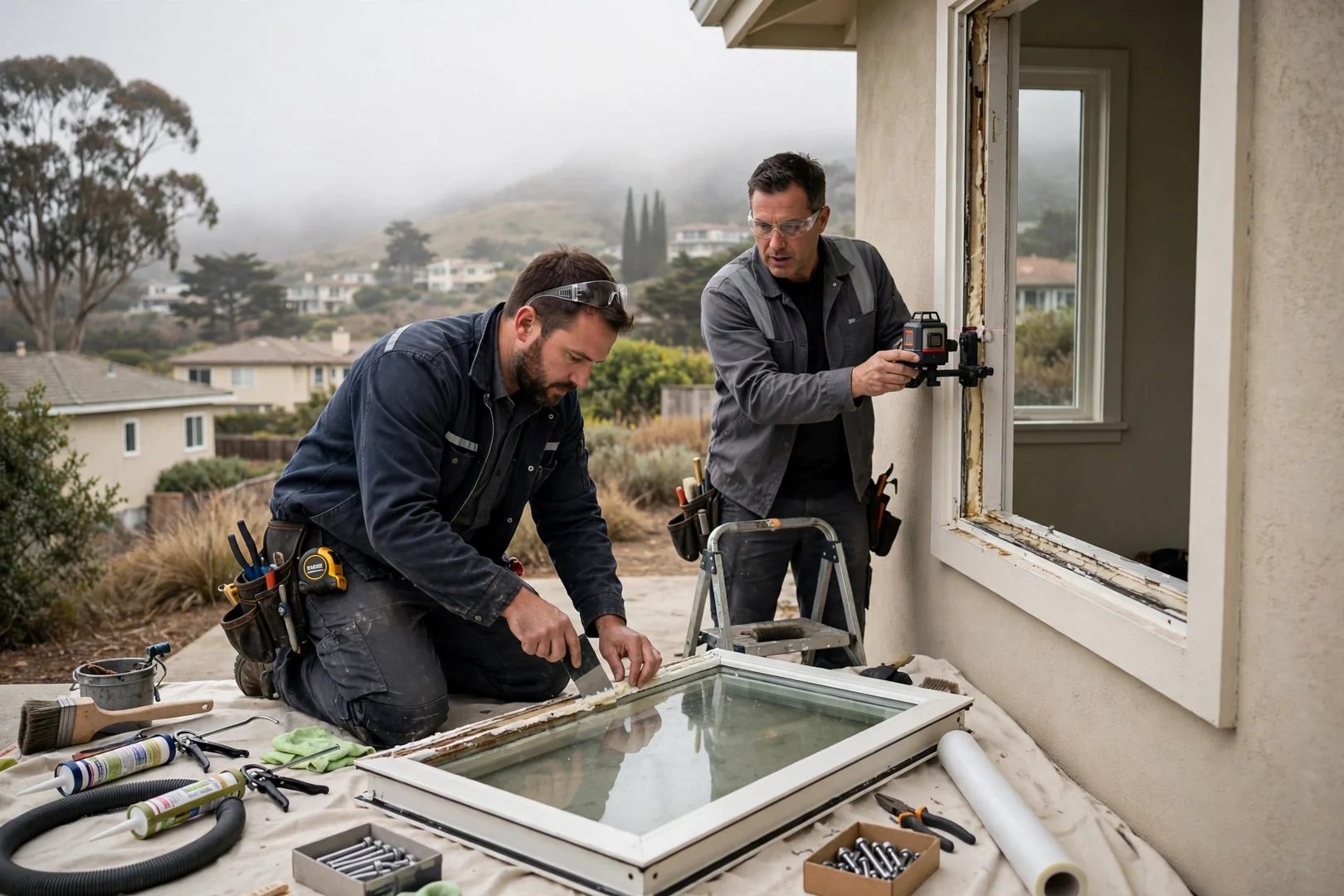 Installer measuring a sliding glass patio door opening at a South San Francisco home