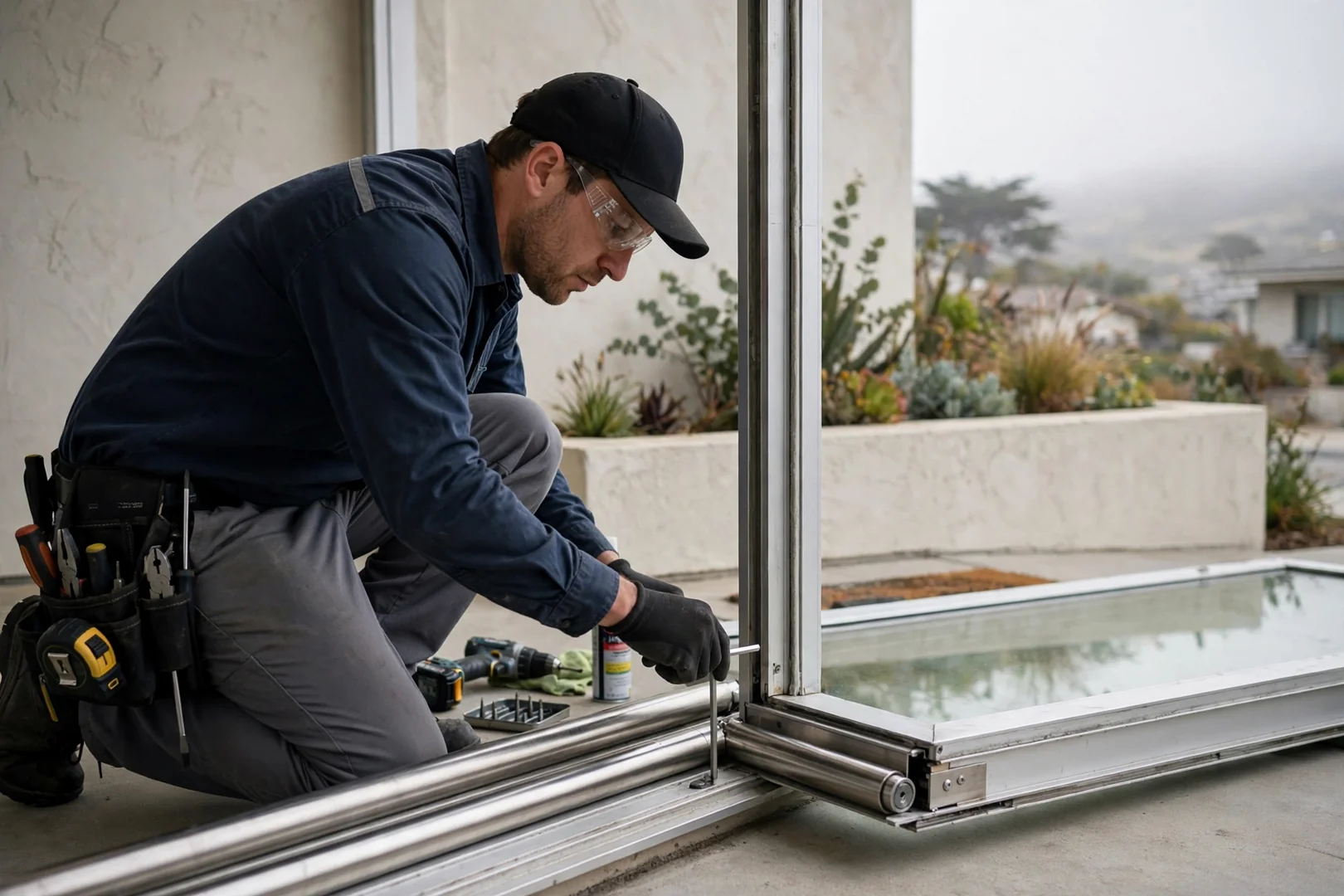 Technician adjusting stainless roller assembly on a sliding glass door panel