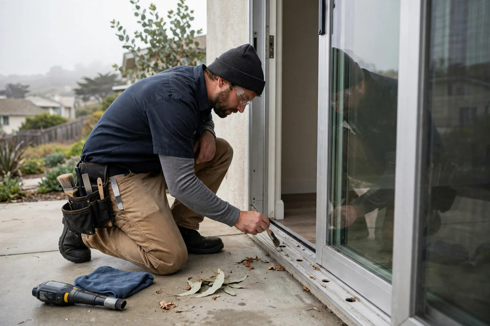 Clean sliding door track and weep holes inspected during seasonal maintenance visit