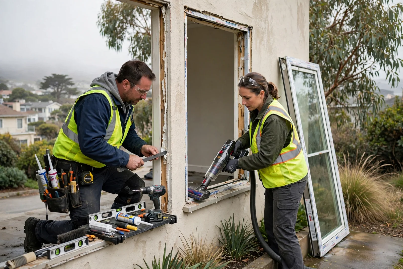 Technician measuring a window opening to price insulated glass replacement for a coastal home