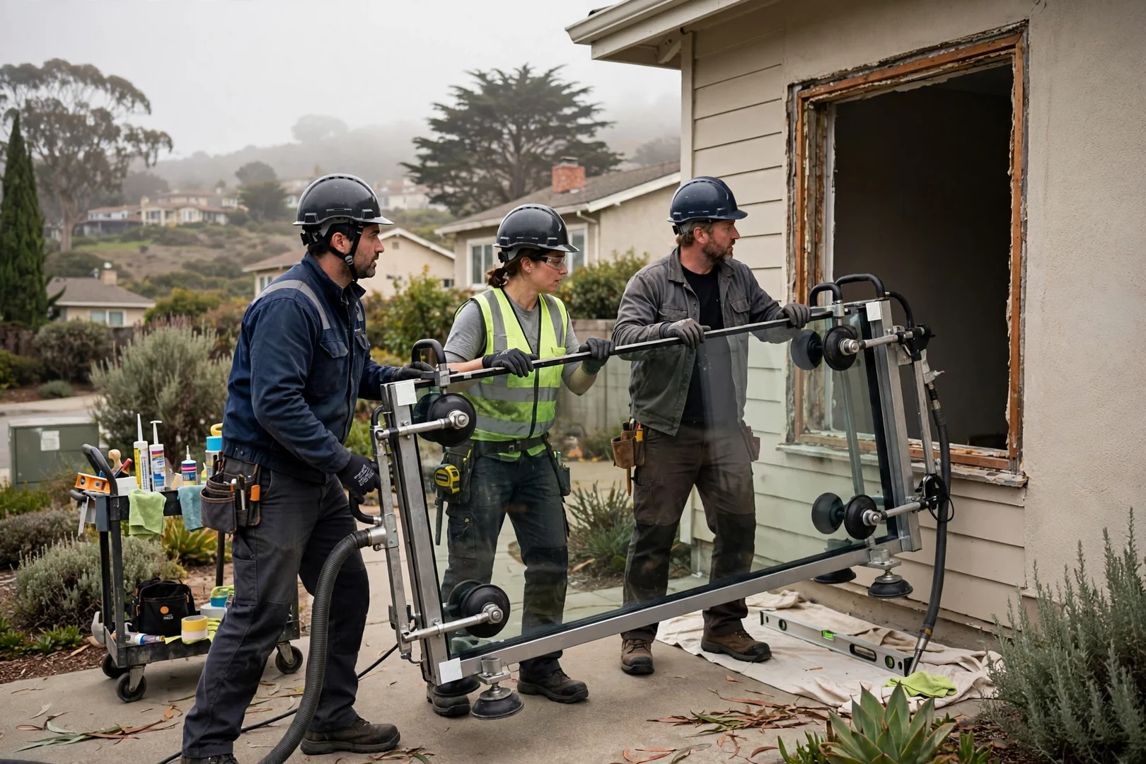 Crew carrying a large insulated glass unit with vacuum lifters toward a residential window opening