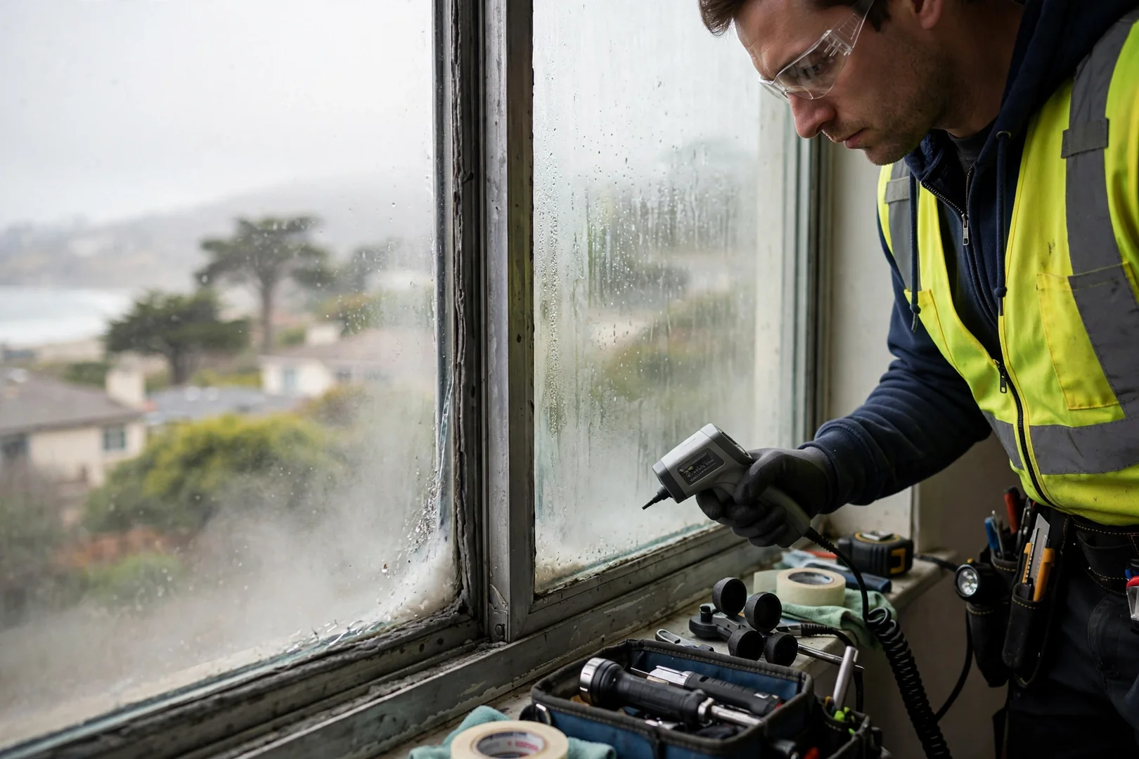 Close inspection of failed window seal showing condensation between two panes of glass