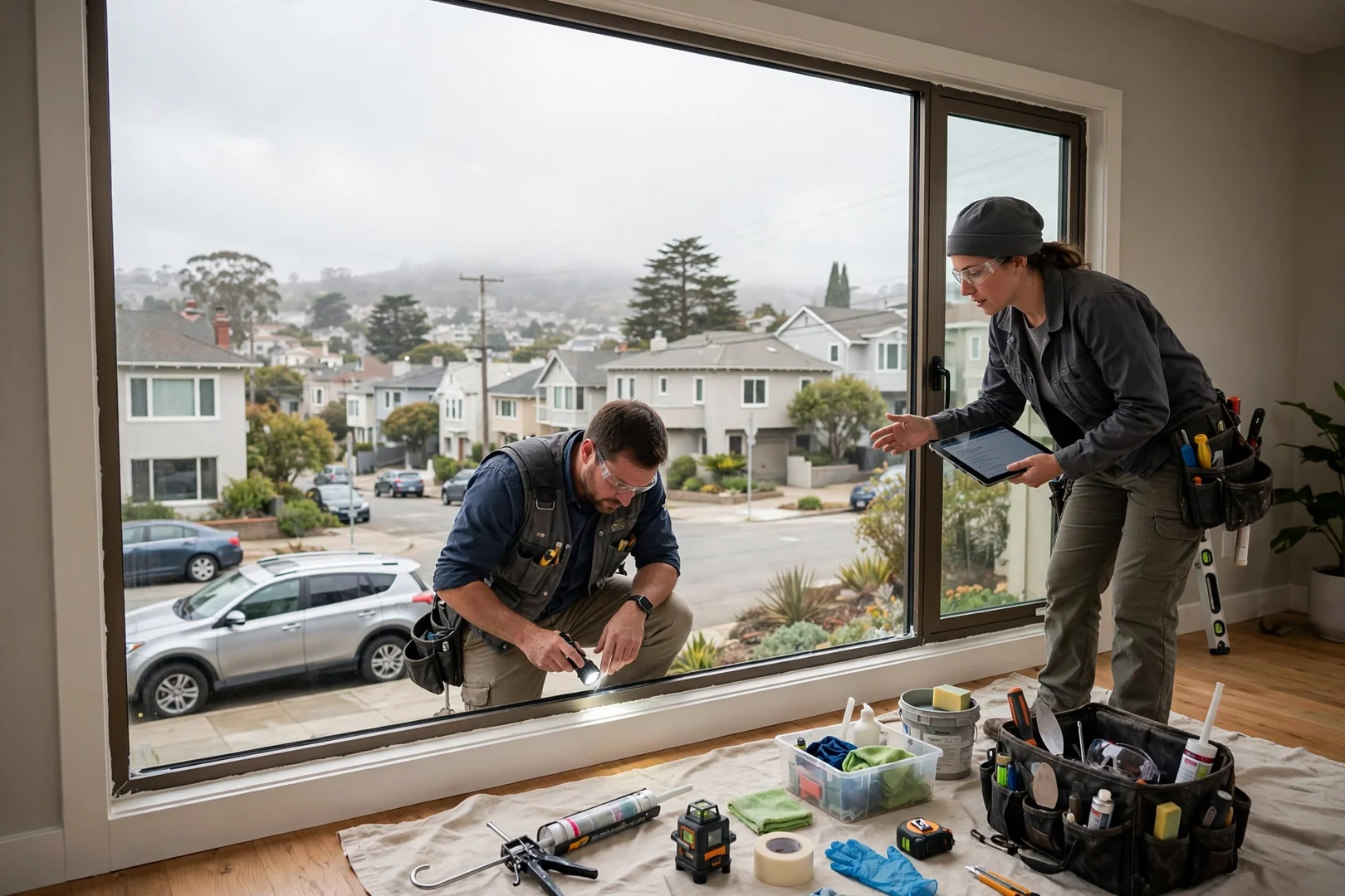 Finished picture window with clear new glass overlooking a South San Francisco neighborhood street