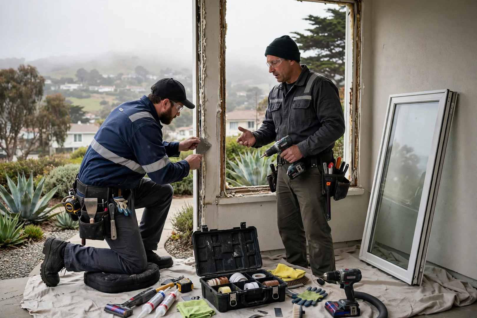Technician measuring a fogged window pane while preparing a repair estimate in South San Francisco