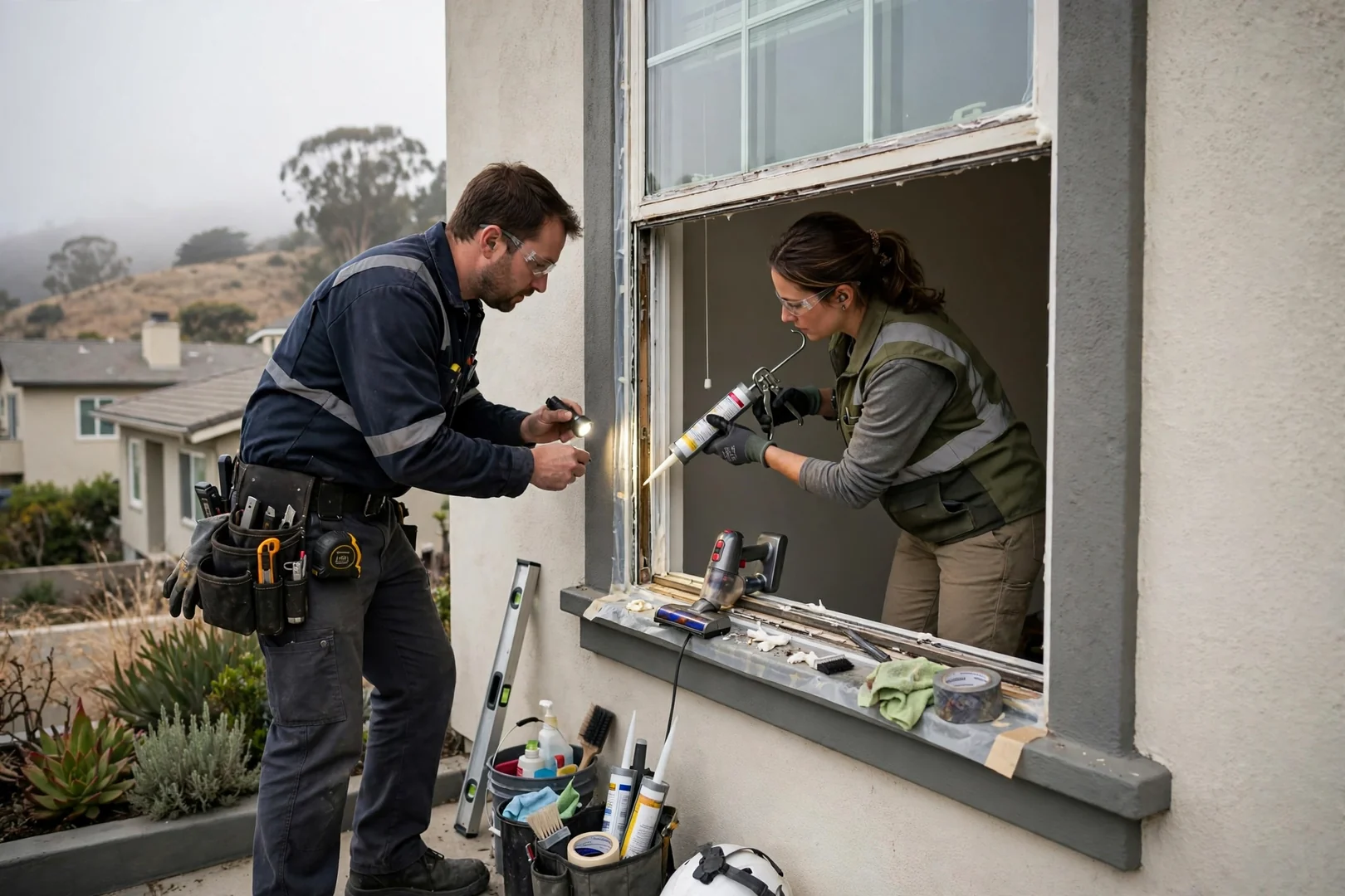 Glazier applying fresh sealant along a repaired window frame