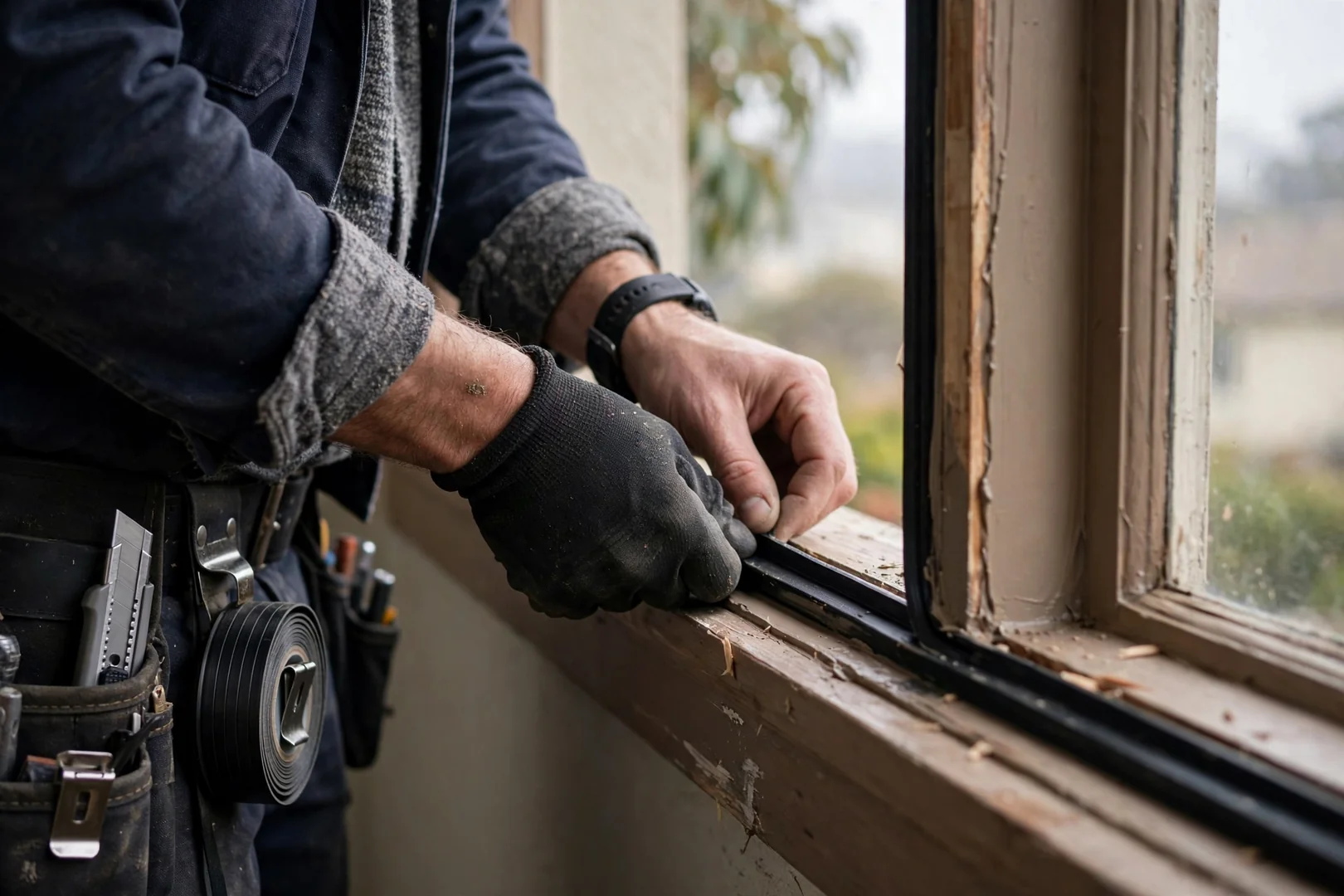 Close view of new weatherstripping installed along a repaired window frame edge