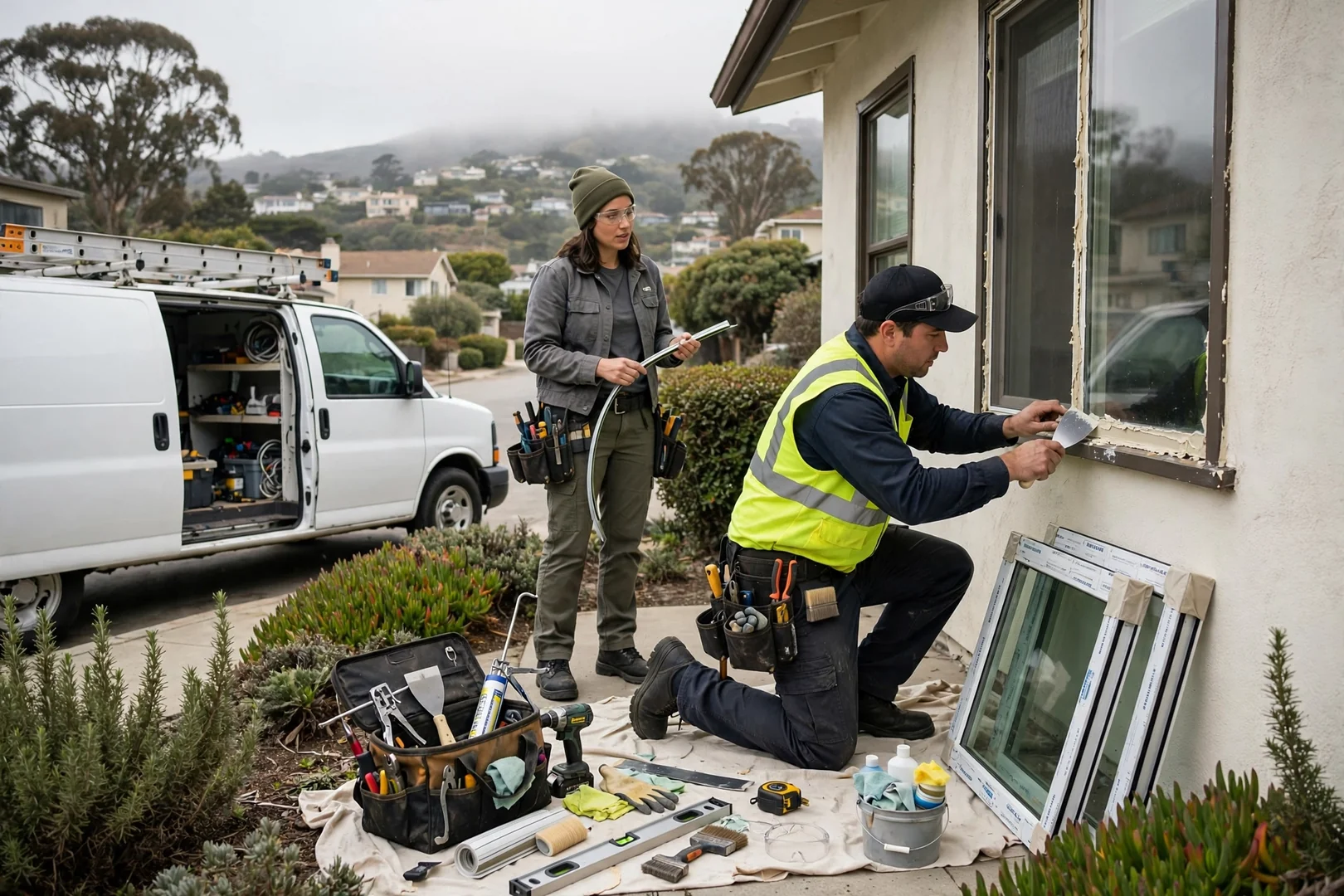 Service van and tools staged outside a South San Francisco home during window repair