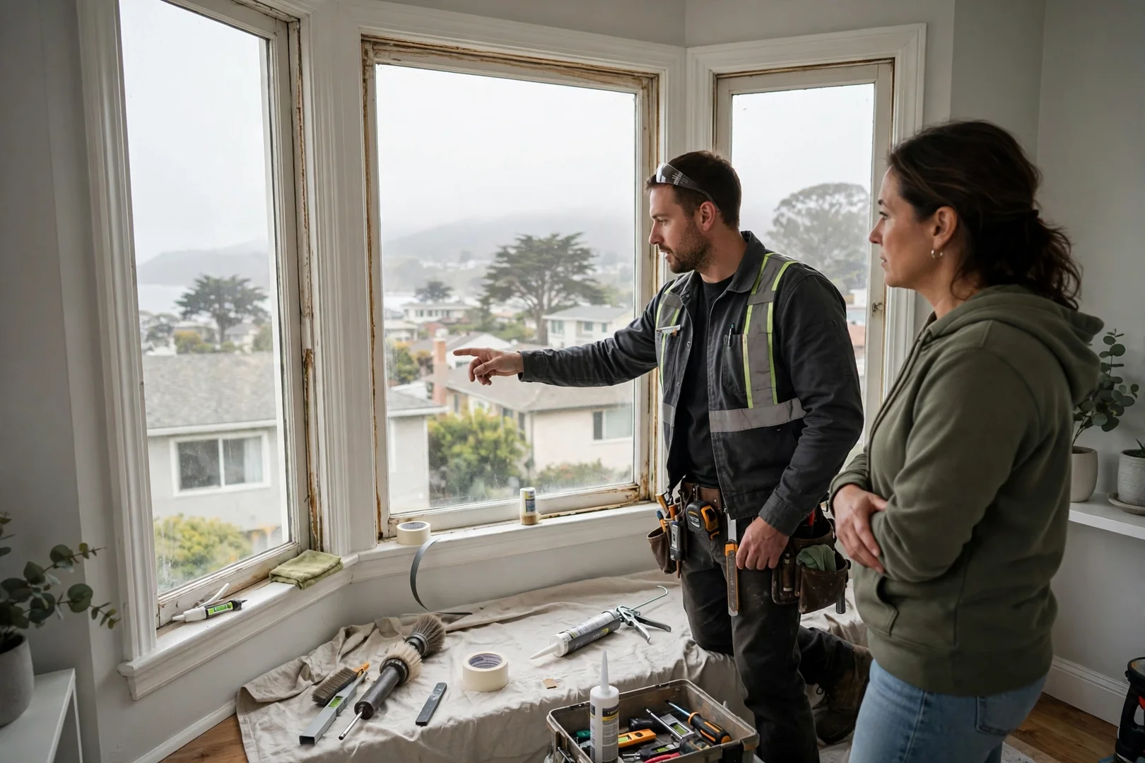 Technician reviewing a written repair estimate with a homeowner beside a bay window