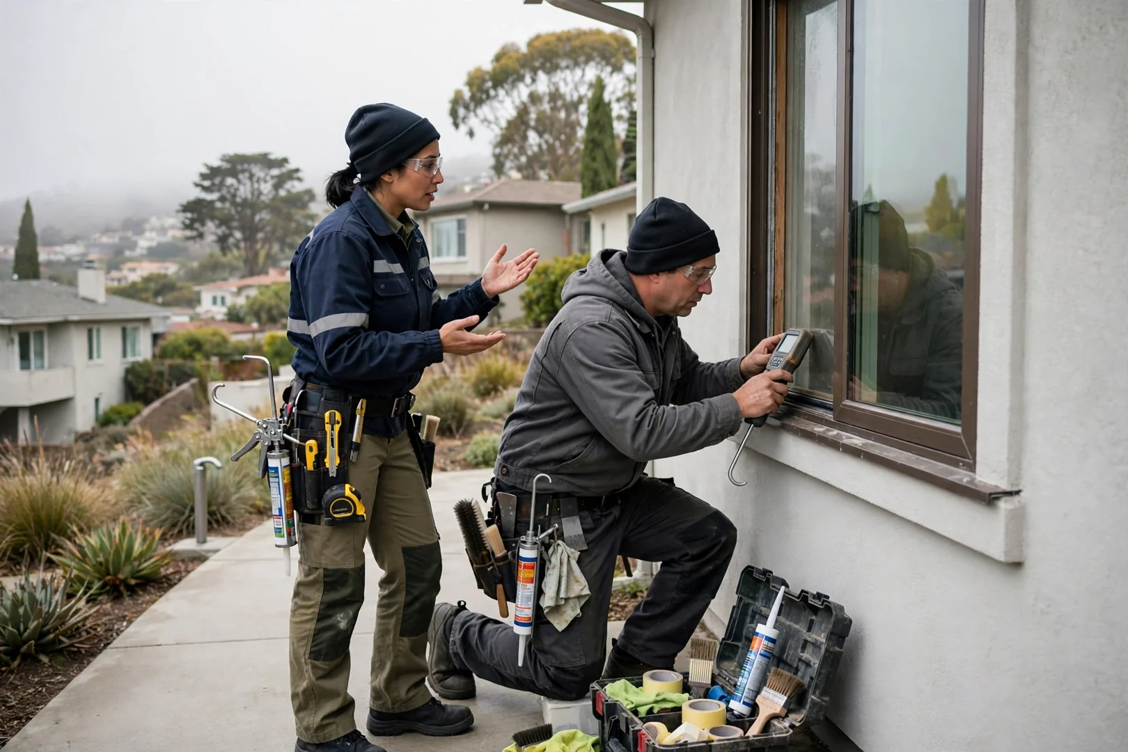 Technician checking sash balance and weatherstripping during a scheduled window inspection