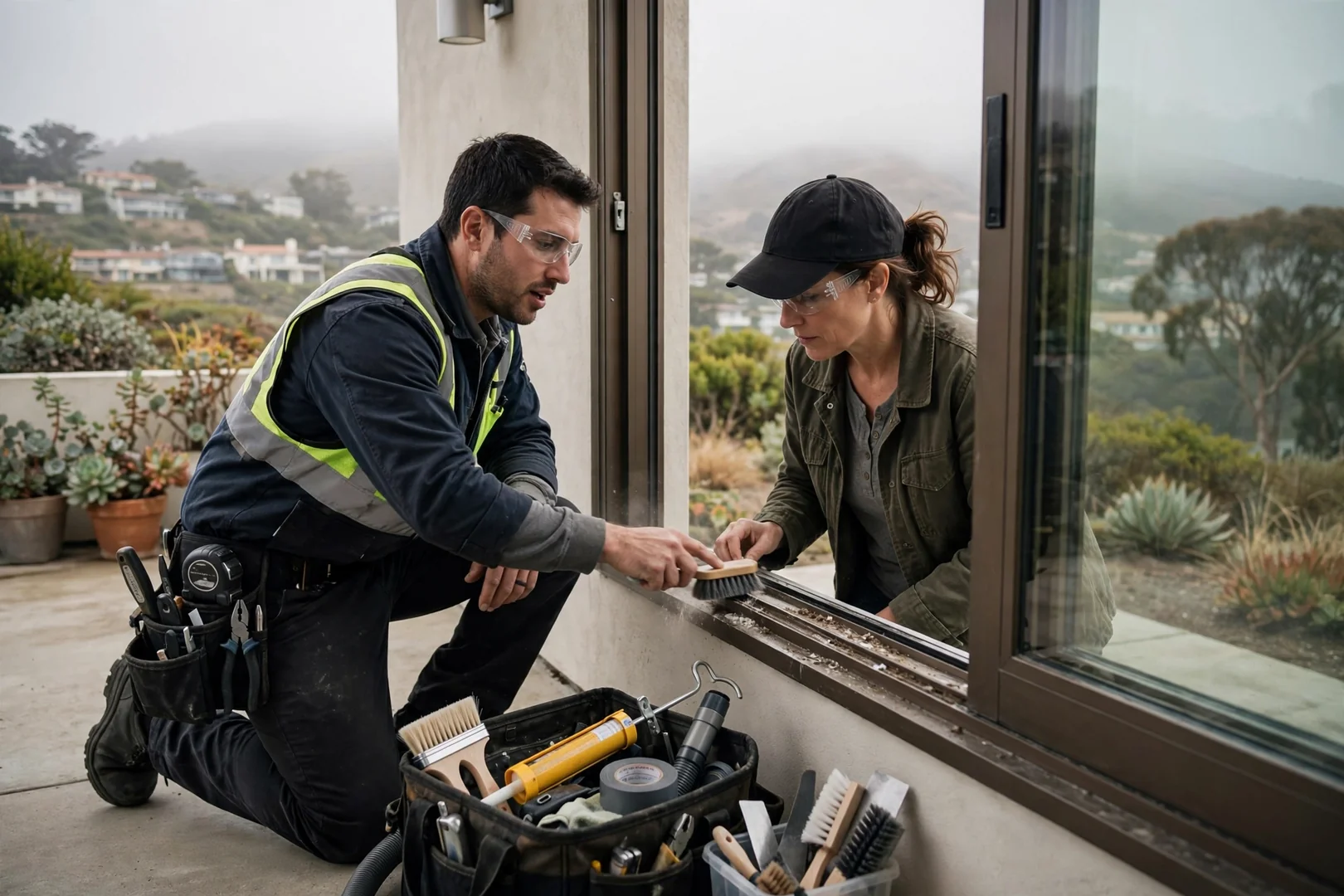 Installer setting a new insulated window unit into a South San Francisco home opening