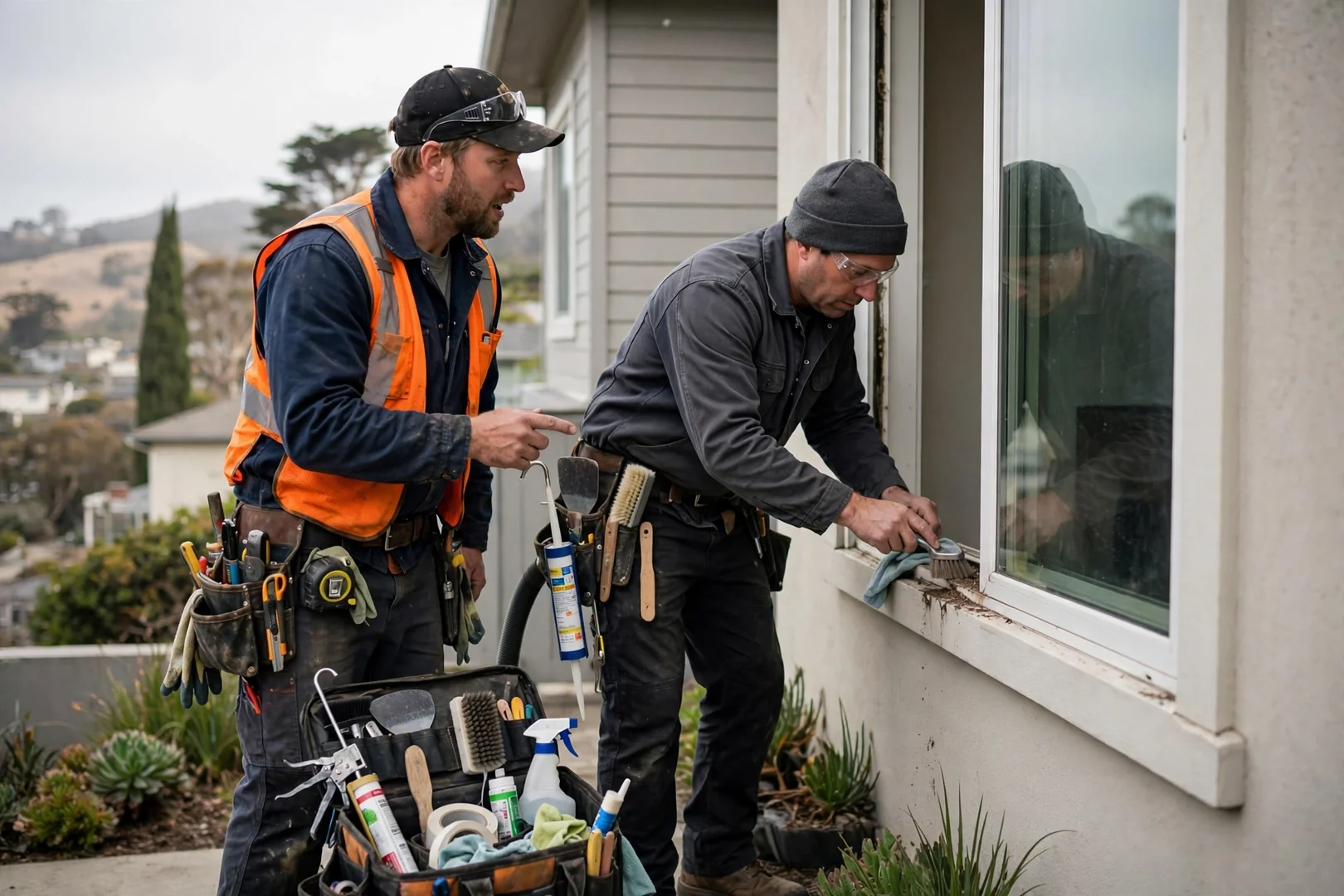 Technician reviewing new window operation with homeowner during walkthrough