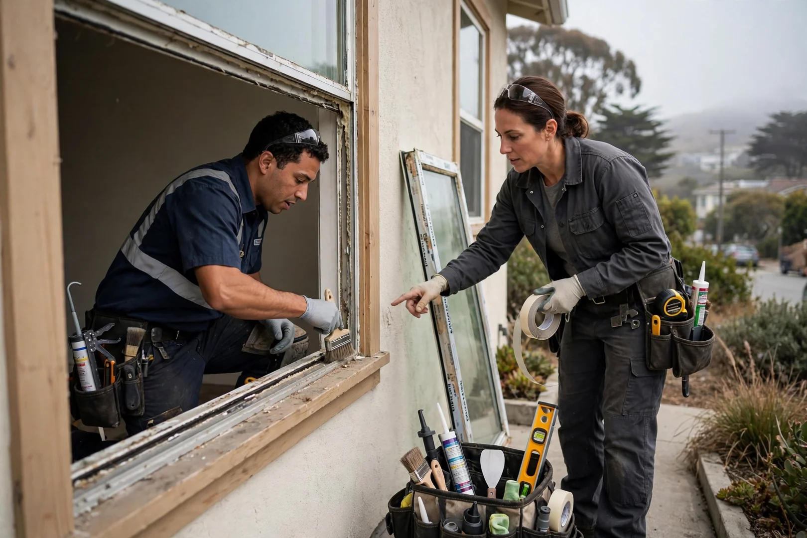 Service van parked outside a hillside home during a window replacement visit