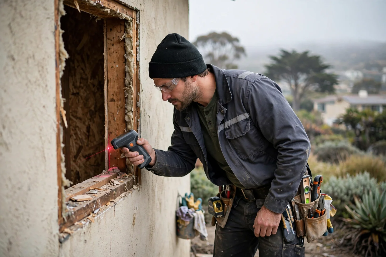 Technician laser measuring a rough window opening during inspection