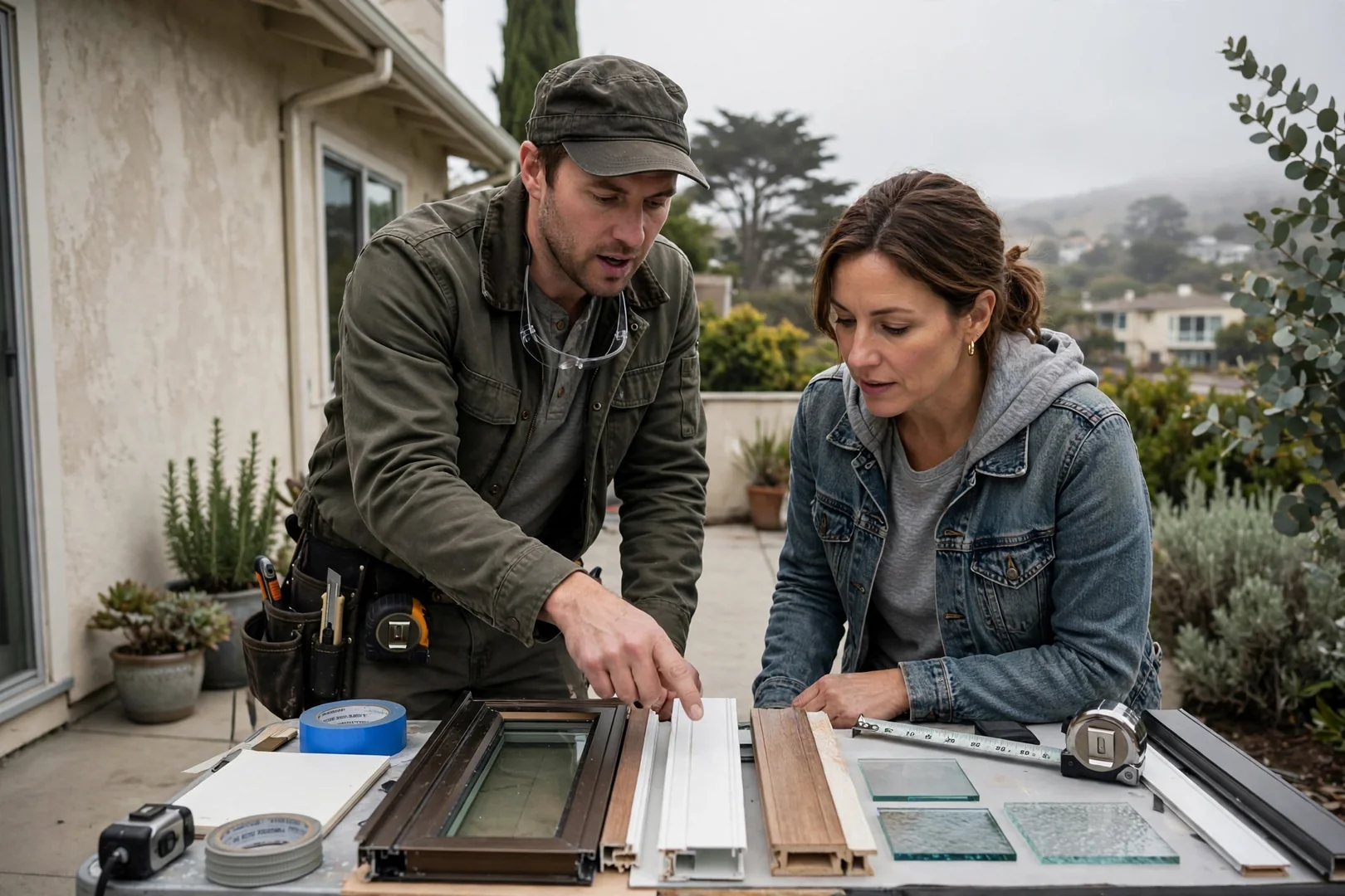 Homeowner reviewing frame samples and glass options with an estimator